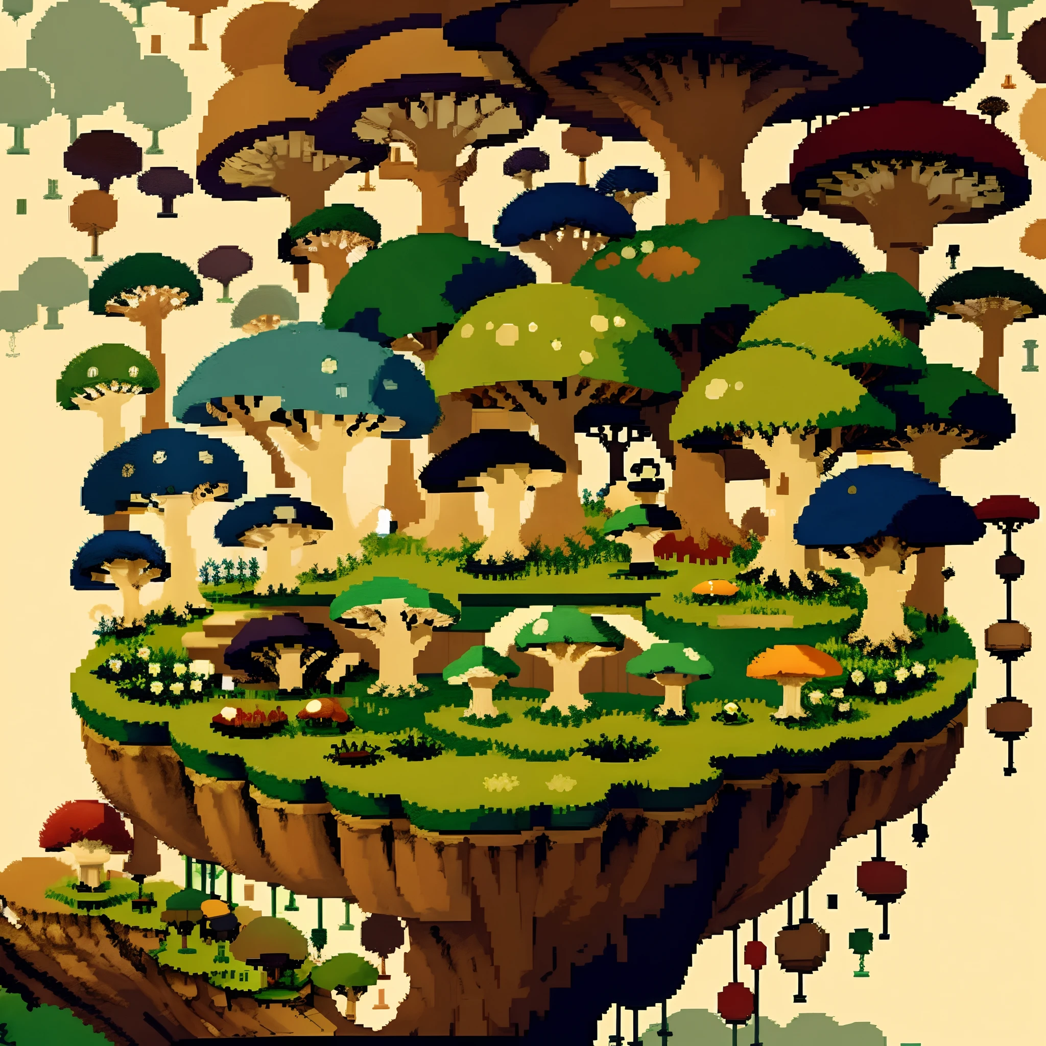 top quality, best quality, High-quality illustrations, masterpiece, Treetops sheltering in the rain under a large mushroom, pixel art, dots, Quarter View, Isometric View,