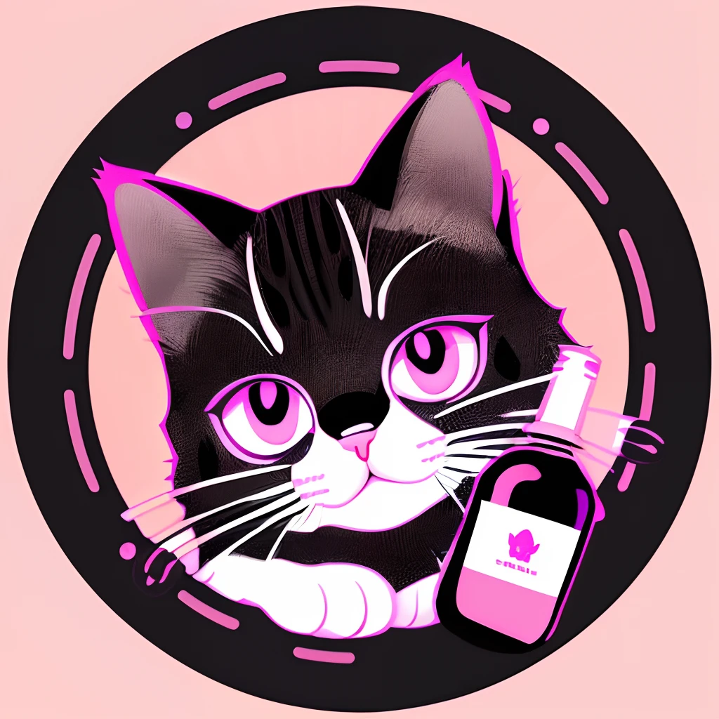 Create cat nail polish bottle icon for nail salon brand logo, icon, vector, line art, design, inspiration, line, symmetry, light color. Cat logo art, Pink or purple background, pastel, Bright Orange, Minimal and Pure — black and white striped cat, Simple, Extremely detailed, Detail drawing, nails, Silhouette,