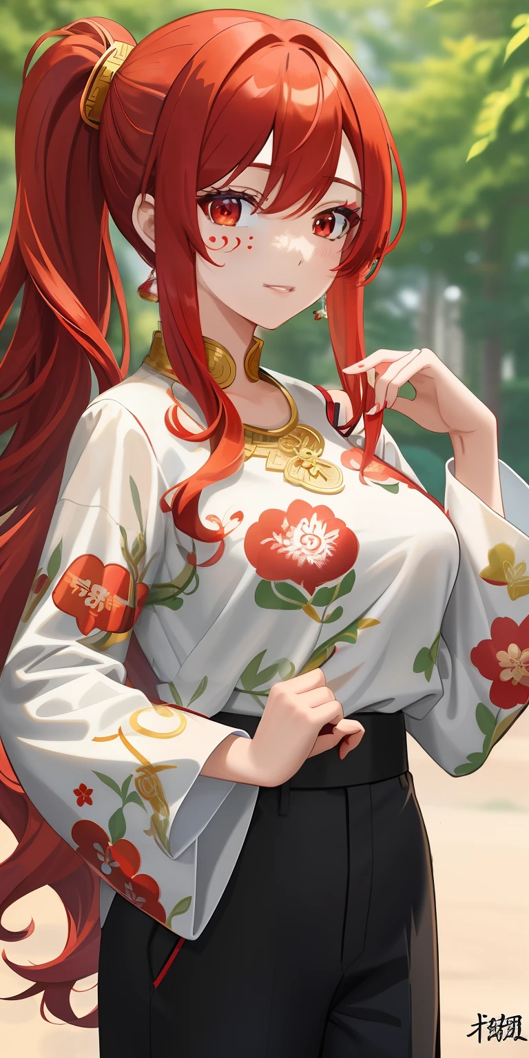 Anime girl with red hair and white blouse posing for a picture, onmyoji portrait, red haired goddess, detailed digital anime art, onmyoji, onmyoji detailed art, too, digital anime illustration, keqing from genshin impact, inspired by Pu Hua, she has red hair, with red hair, detailed anime character art, painted in anime painter studio