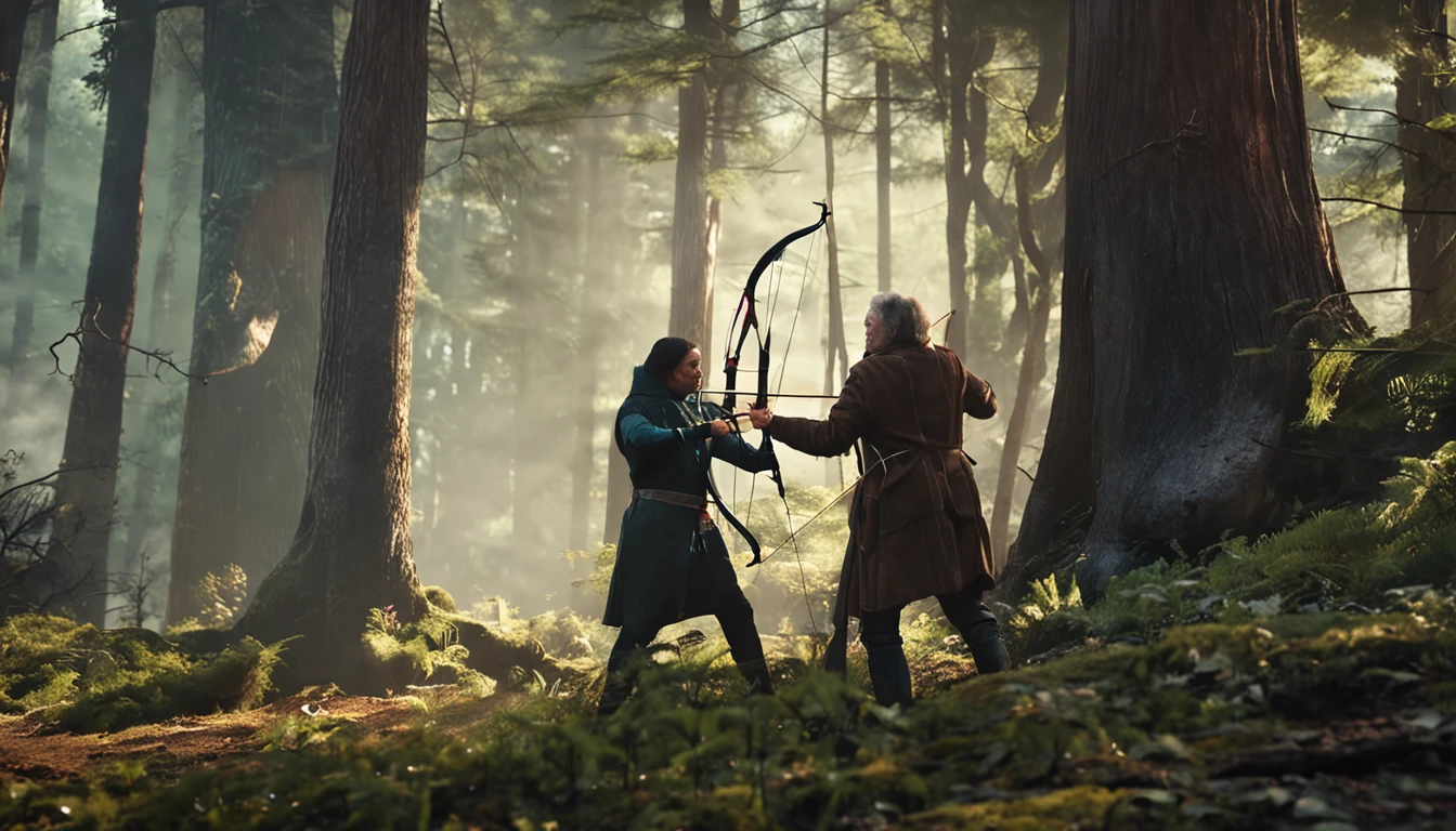 a master in a forest, practicing archery, watched by a man