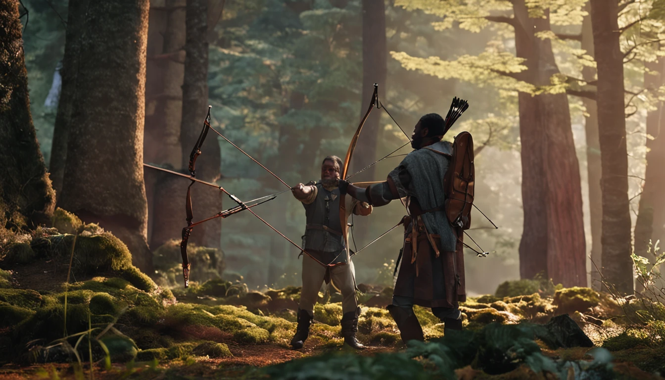 a master in a forest, practicing archery, watched by a man