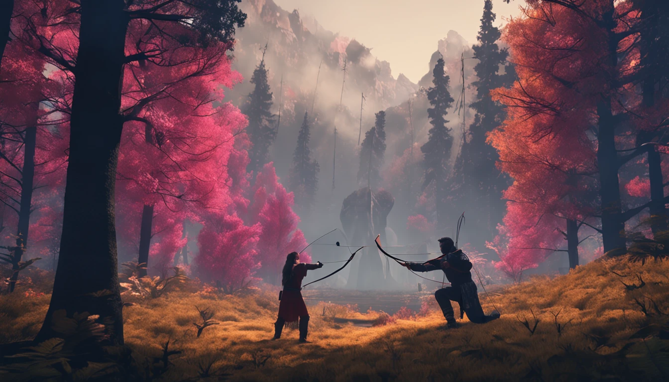 a master in a forest, practicing archery, watched by a man