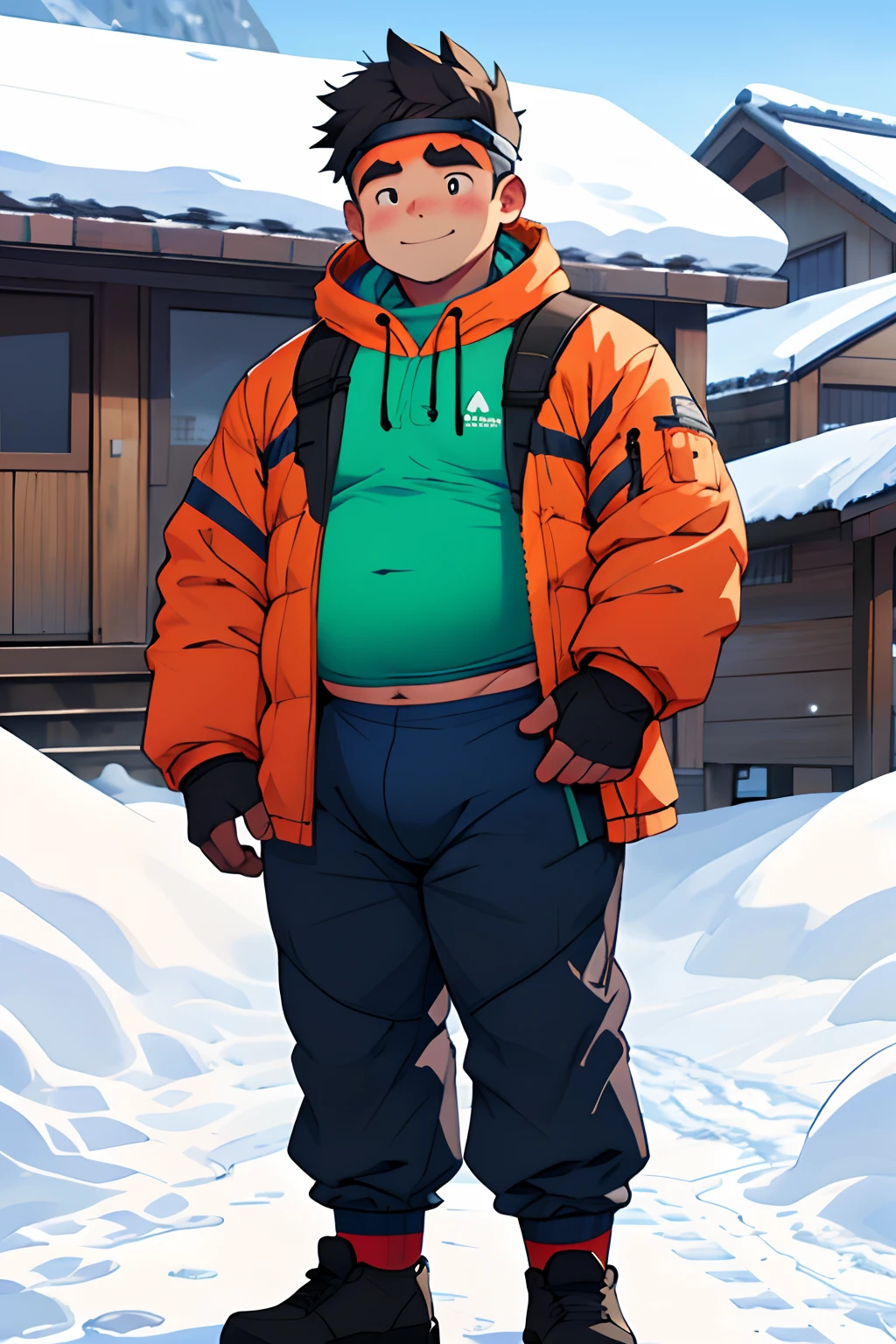 Draw a chubby cute boy,Stand in front of a hut in the snow。Goggles are worn on the forehead,Wear thick adventure clothing,The clothes are open to reveal the belly,Chubby 18 year old boy,The crotch protrudes,pupils,prominent pubis,Shy,The crotch protrudes,Protruding pubis,The crotch is raised