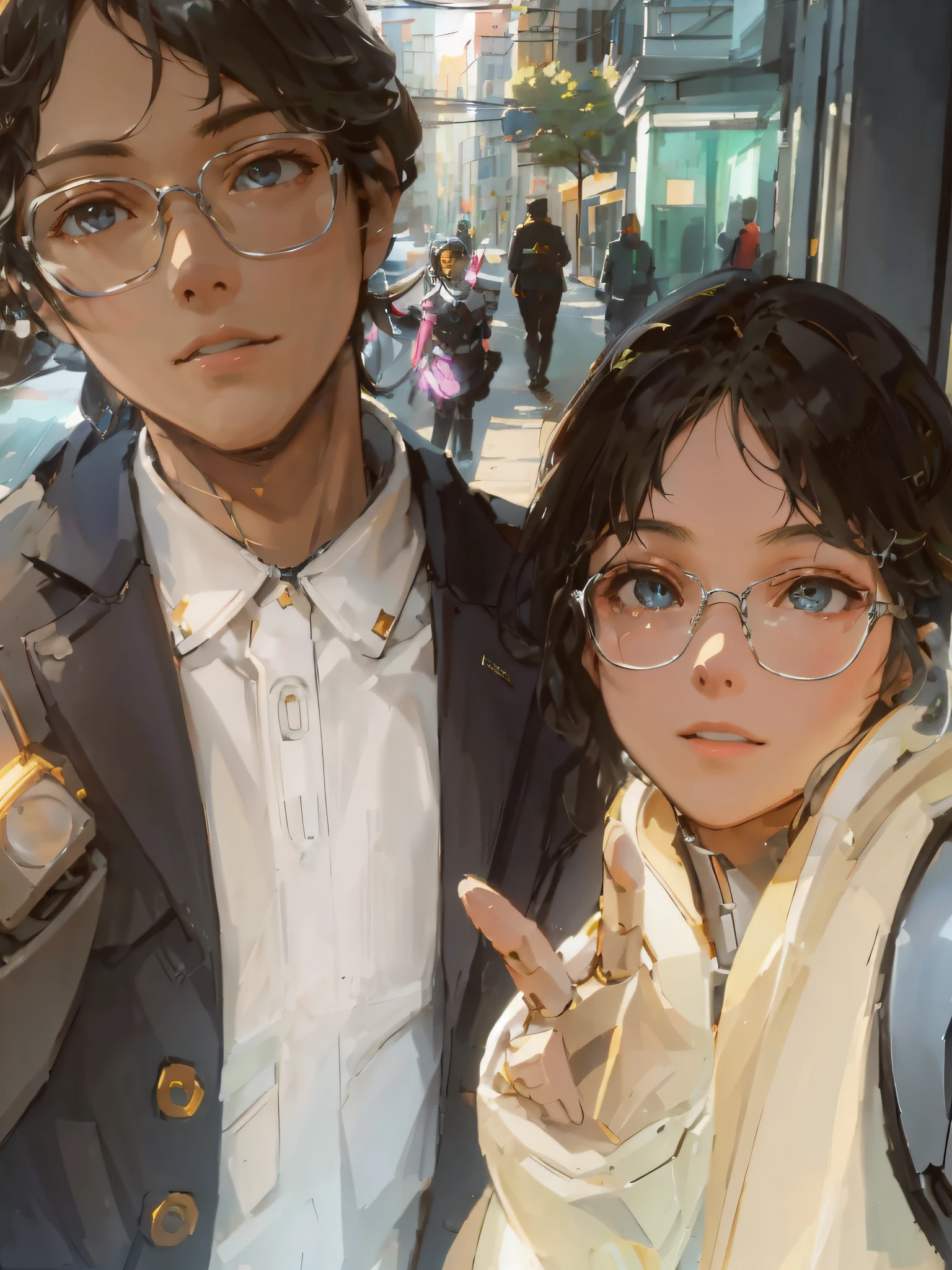 robot, Masterpiece, Best quality, Detailed, 1girll,,1 Boy's hair, view the viewer, (Top:1.4), City, People, , Sunny sky, house, street, Cafe