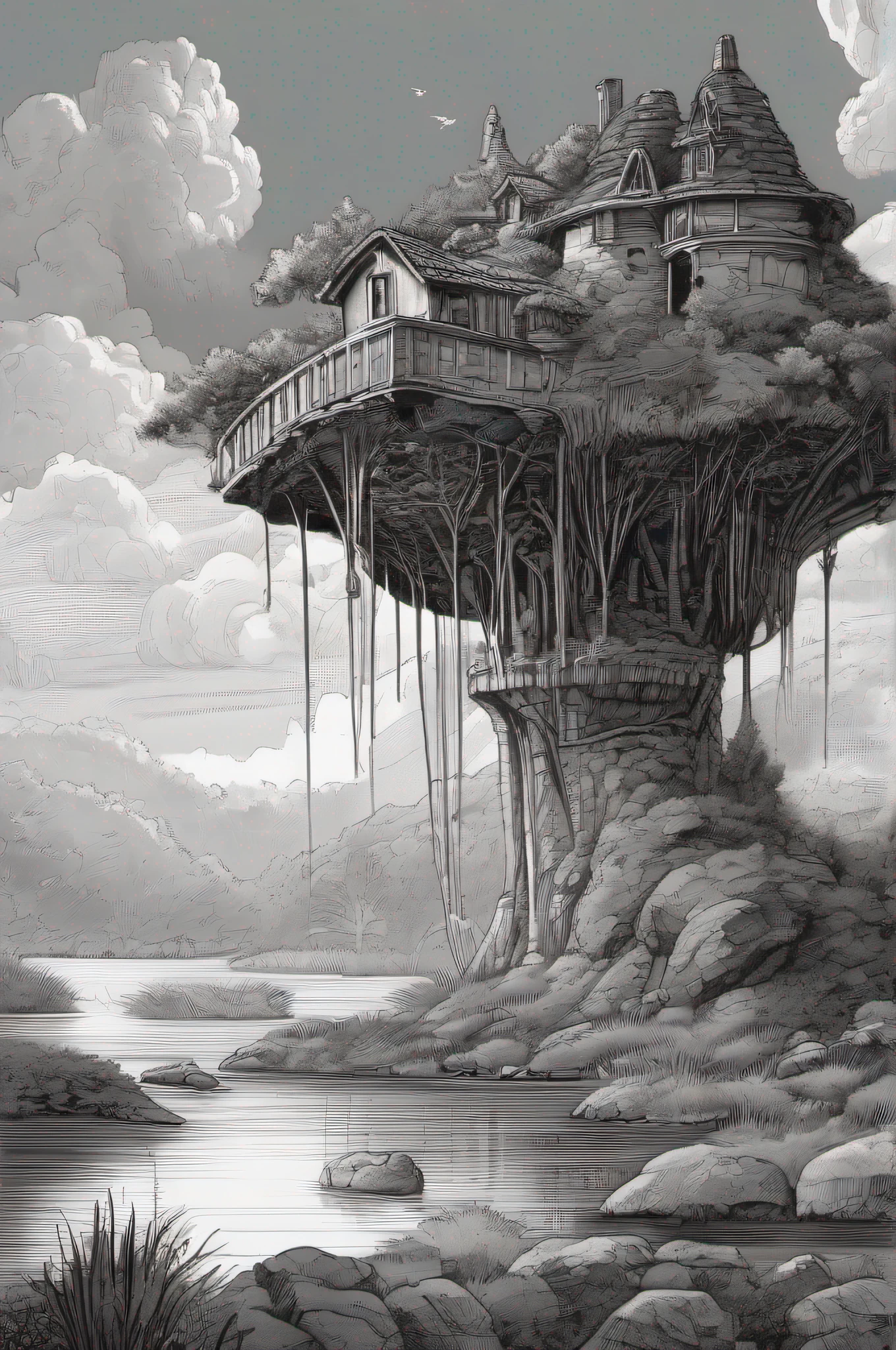 Paysage fantastique, Nausicaa, rivers and waterfalls, (Uneven terrain:1.6), (Colorful fungal houses recovered: 1.5), (buissons moelleux: 1.1), vent, Cumulonimbus Cloud, cirrus, thick silhouette, silhouette pointue, extreme details, 8k, UHD, grain du film, black and white drawing in ink