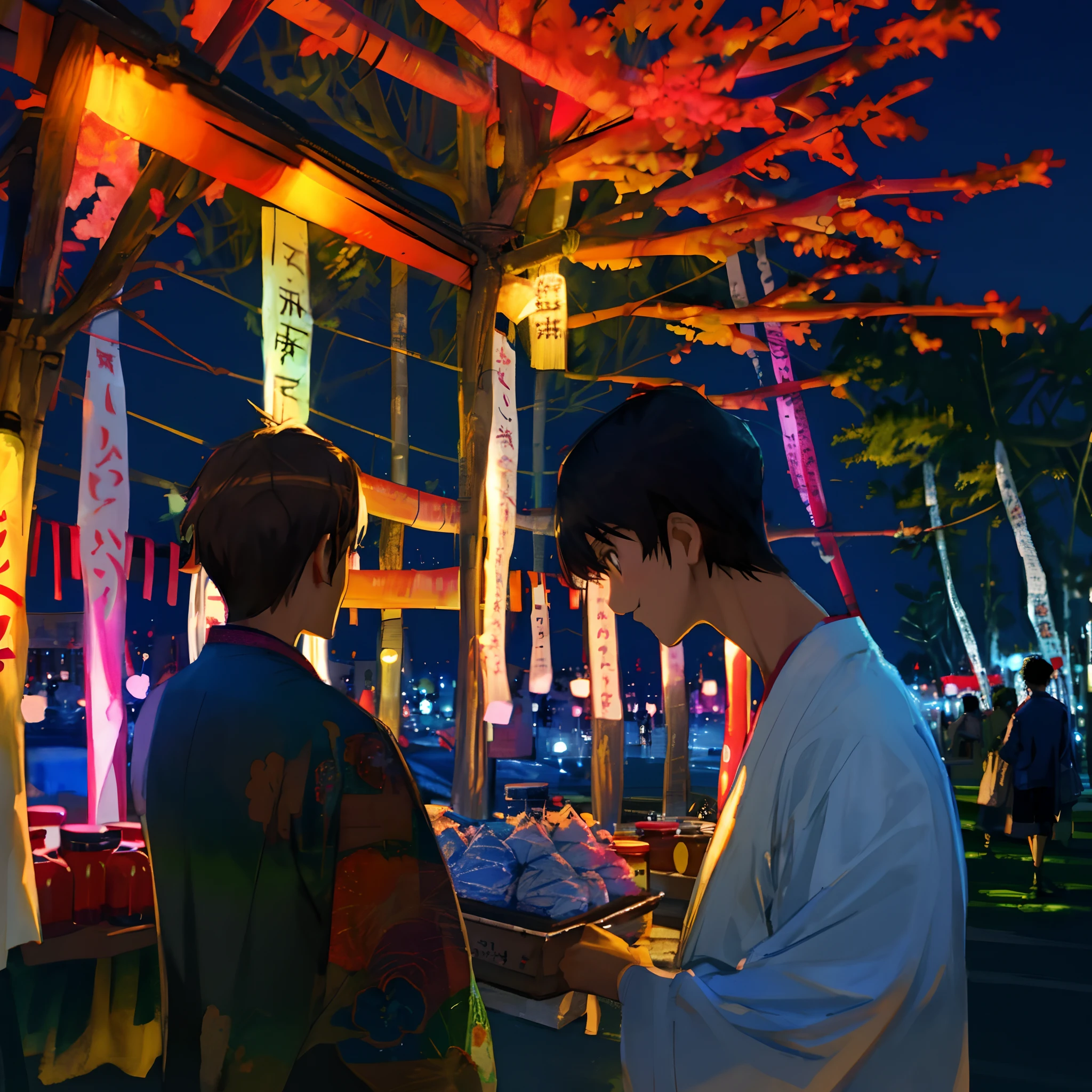 Tanabata，couple，Visit the night market，quadratic element，Beautiful
