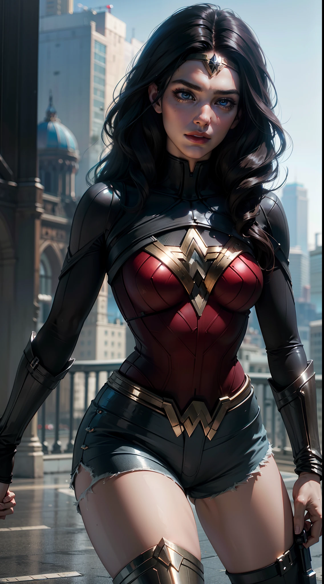 breathtaking beautiful Wonder Woman and Black Widow Fusion extremely hyper-realistic high definition with SDXL enhancement,straight wavy black hair,blue eyes and custume in high definition,highly hyper-detailed in city in a dynamic action 3d pose,shorts,lush details,professional processing in ultra 8k in extremely absolute hyper-realistic in hdr in hyper-realistic concept art in high quality in octane render in hyper 3d resolution