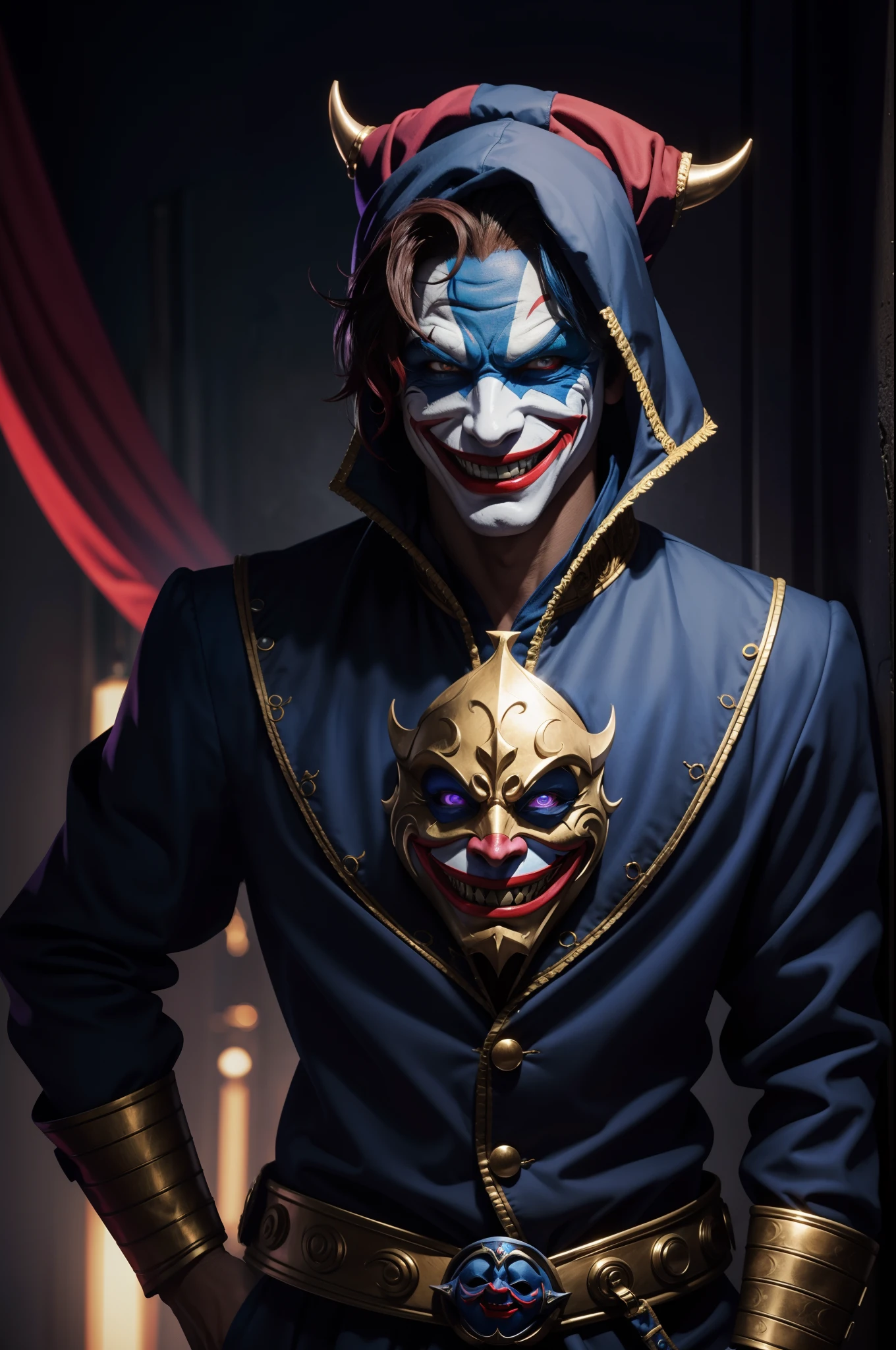 Joker cartoon style, (absurd, intricate details, masterpiece, best quality, high resolution, 8k), sinister man, laughing.detailed background, detailed face,selfie pose (V0id3nergy, empty theme:1.1) evil clown, magic robes of tattered color, (smile: 0.8), purple color scheme, dark scarlet light, streets of gotan , bright magic runes,