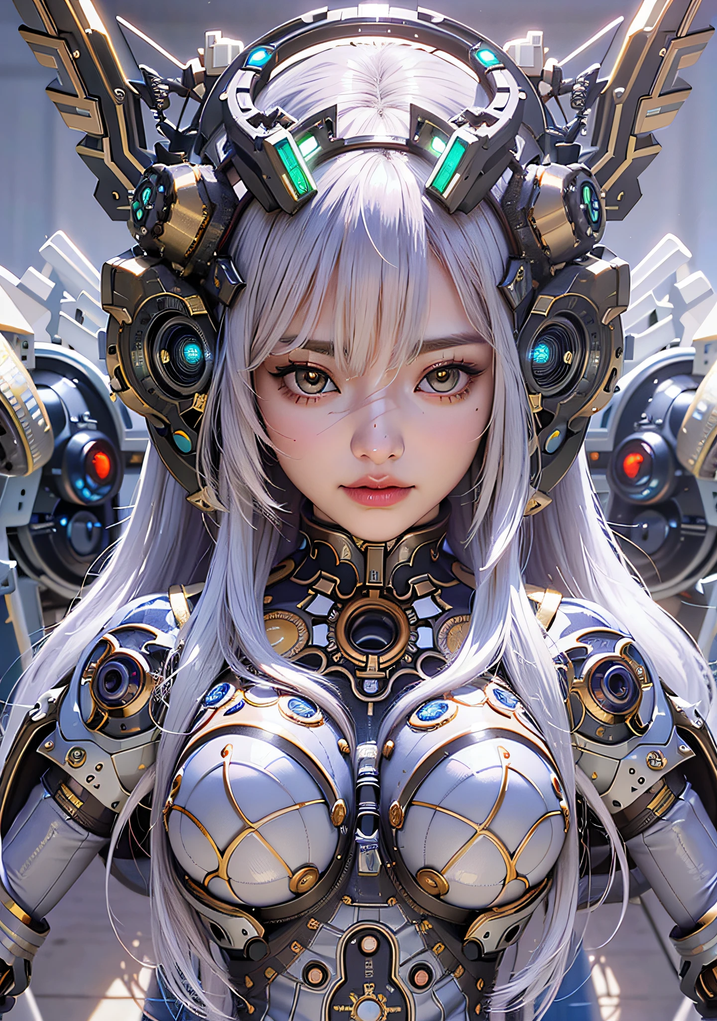 top-quality、tmasterpiece、超A high resolution、(Photorealsitic:1.4)、RAW photo、Steampunk battle robot angel、Large wing made of metal、White porcelain body、Acrylic transparent cover、whaite hair、glowy skin、1 Cyborg Girl、((Super realistic details))、porate、globalillumination、black shadows、octan render、8K、ultrasharp、Character edge light,Colossal tits、Raw skin is exposed in cleavage、Details of complex ornaments、Sumerian details、Hydraulic cylinder、small led lights、highly intricate detail、Realistic light、a purple eye、Radiant eyes、Facing the camera、neon light detail、cow boy shot、Futuristic headgear、Floor plan about the《cyber punk perssonage》、、