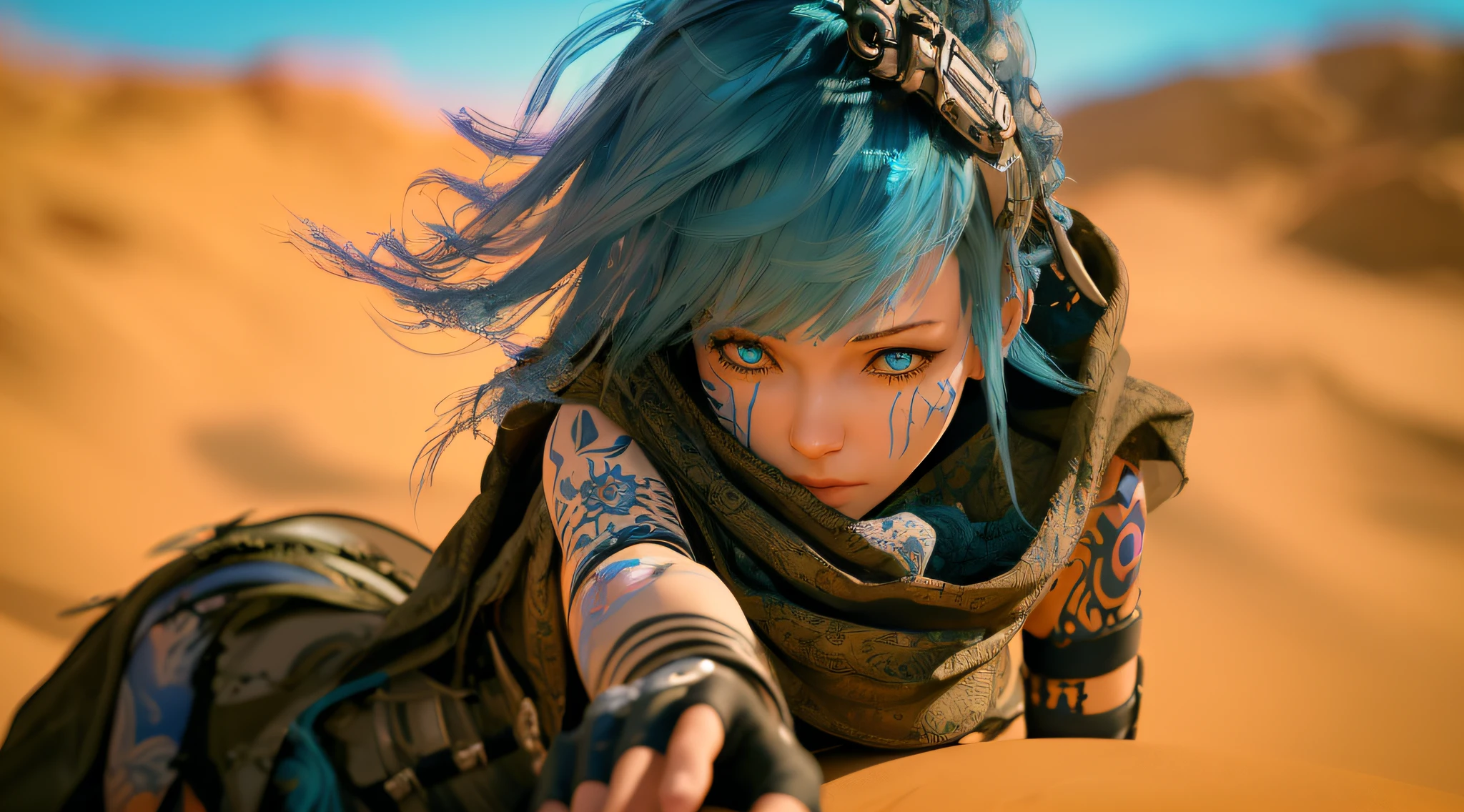 arafed woman with blue hair and tattoos on her arms reaching for something, beautiful digital artwork, trending in cgsociety, trending cgsociety, 4k highly detailed digital art, stunning cgsociety, artwork in the style of guweiz, g cgsociety, 3 d render character art 8 k, ross tran 8 k, cgsociety 8k, cgsociety 8k