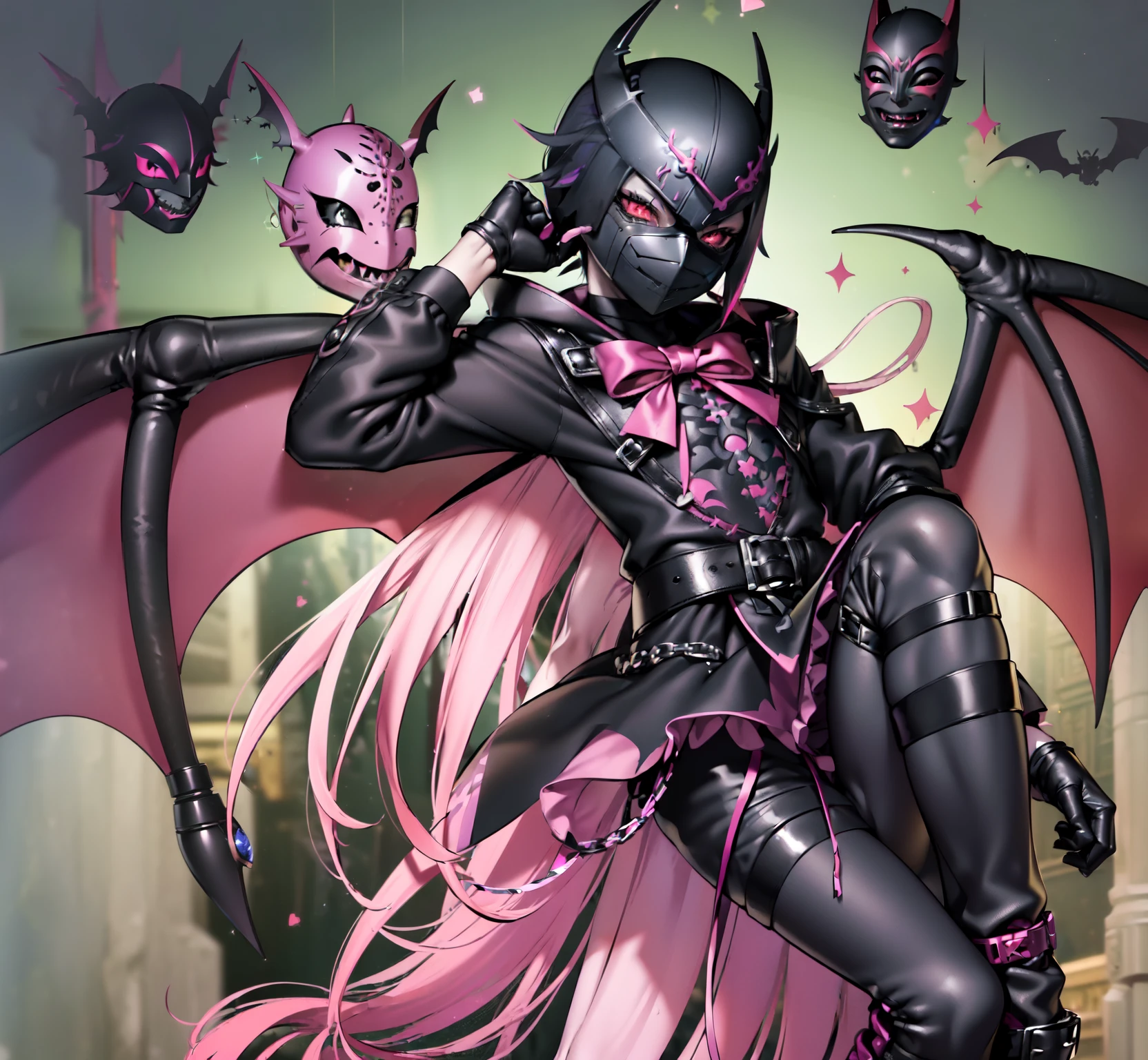 (masterpiece, best quality:1.2),solo, ((1boy:1.8)), ((lilia vanrouge as a Digimon)), full body ,Mischievous smile, looking at viewer, multicolored hair, black hair, streaked pink hair,((Anthro Bat)),(( fairy)), ((Demonic)), ((Pink and Black Body))digimon\(creature\),(( mask covering Eyes)) gloves, black shirt
wings, sparkling clothing, ((Grey skin))