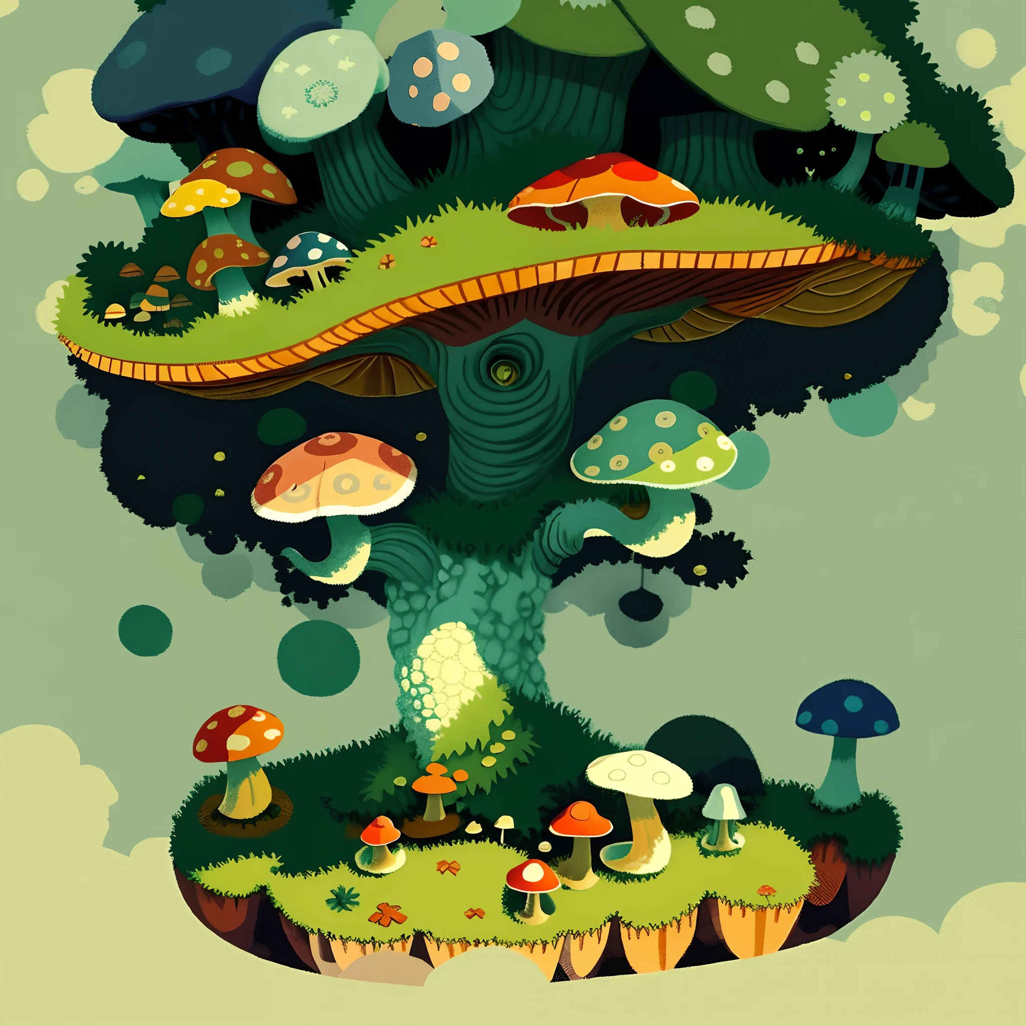 top quality, best quality, High-quality illustrations, masterpiece, Treetops sheltering in the rain under a large mushroom, pixel art, dots, Quarter View, Isometric View,