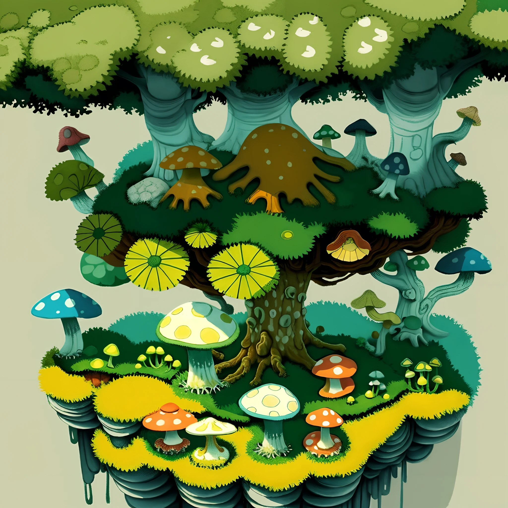 top quality, best quality, High-quality illustrations, masterpiece, Treetops sheltering in the rain under a large mushroom, pixel art, dots, Quarter View, Isometric View,