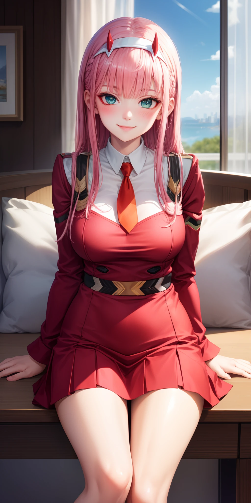 (masterpiece:1.2, best quality), (finely detailed beautiful eyes: 1.2), masterpiece*portrait, beautiful eyes, zero two, pink hair, green eyes, short skirt, thigh, big breasts,blush,Smile, sit, cross-legged, Bottom-up view, Look at the viewer, park