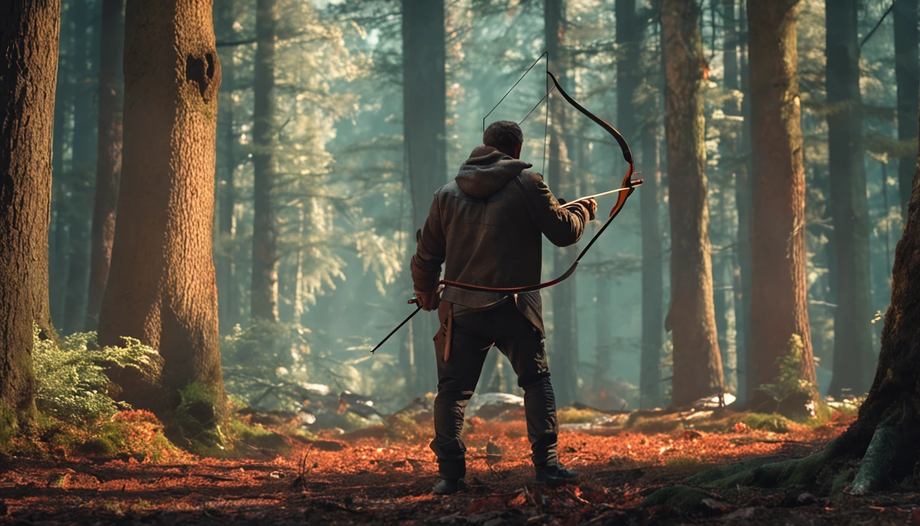 a master with his eyes sealed, practicing archery, watched by a man in a forest