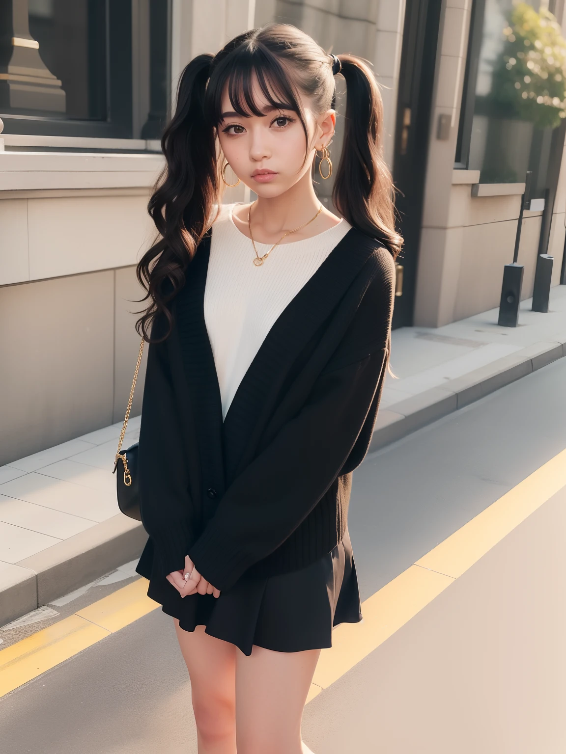 hd, masterpiece, 8k, high res, perfect face, full body photograp of 1 girl, emotionless, tall, fair skin, age 22, black curly pigtails, droopy gold eyes, sharp nose, rosy cheeks, thin lips, sharp jaw, small ears, wearing gold ribbon, white sweater with golden necklace, black skirt, white jordan shoes, gold bracelet, long black socks, luxury earrings, city, daytime, sunny lighting, absurdres,