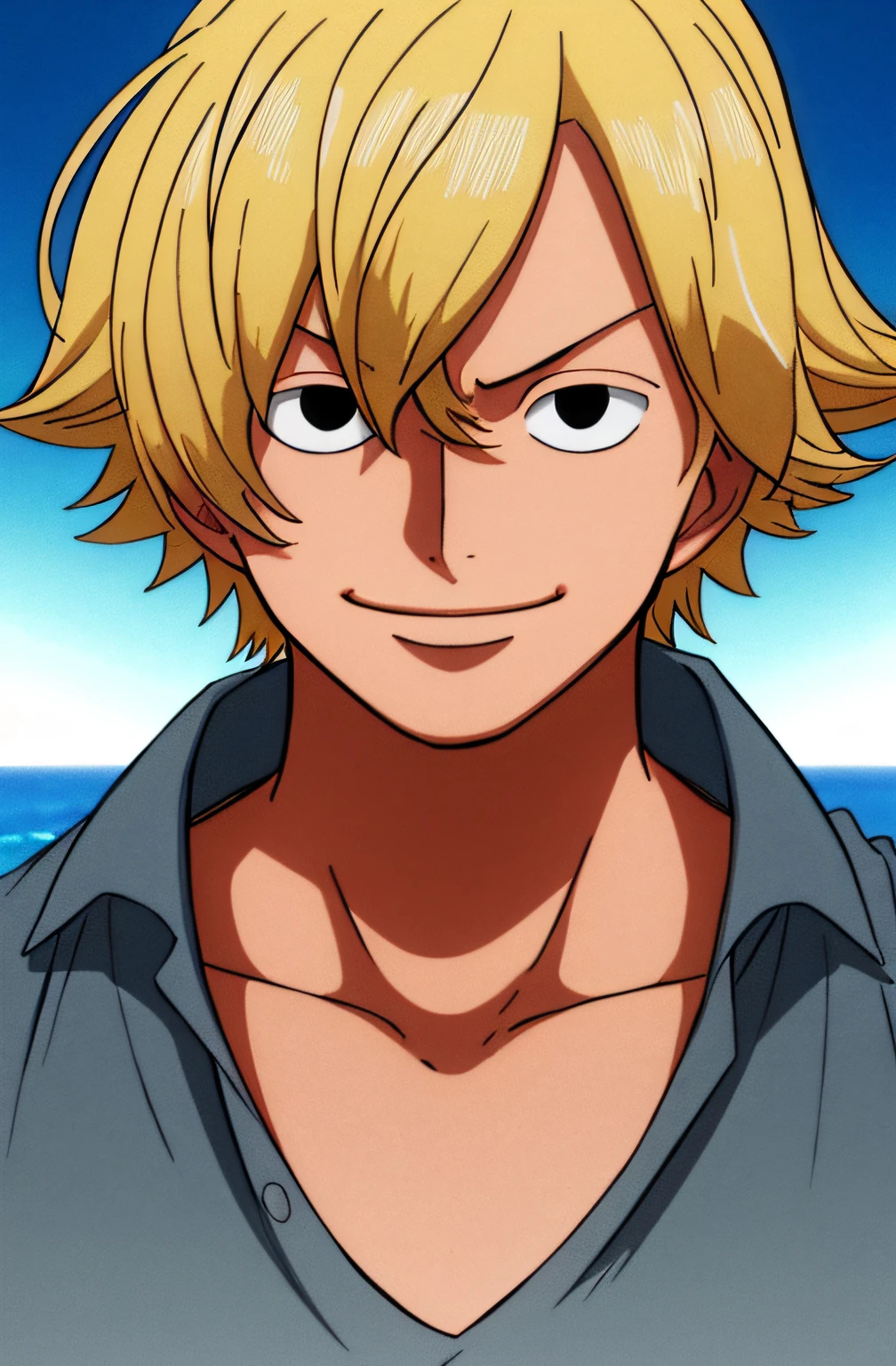 1boy, wanostyle, smiling, blonde hair, looking at viewer, solo, upper body, ((masterpiece)), (best quality), (extremely detailed), depth of field, sketch, dark intense shadows, sharp focus, soft lighting, hdr, colorful, good composition, ocean, spectacular, closed shirt, anime screencap, ready to fight, black eyes,
