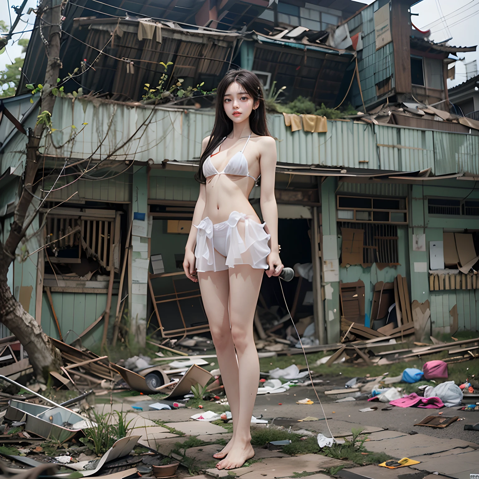 abandoned building，Garbage all over the ground 1.1，18 year old Korean girl，Random white transparent sexy bikini，full-body portraits，Sexy standing pose，very beautiful long slim legs，The barefoot，As thin as a whipping post，Skinny，Bare all body1.1，Random exposure of genitals，face to the viewer