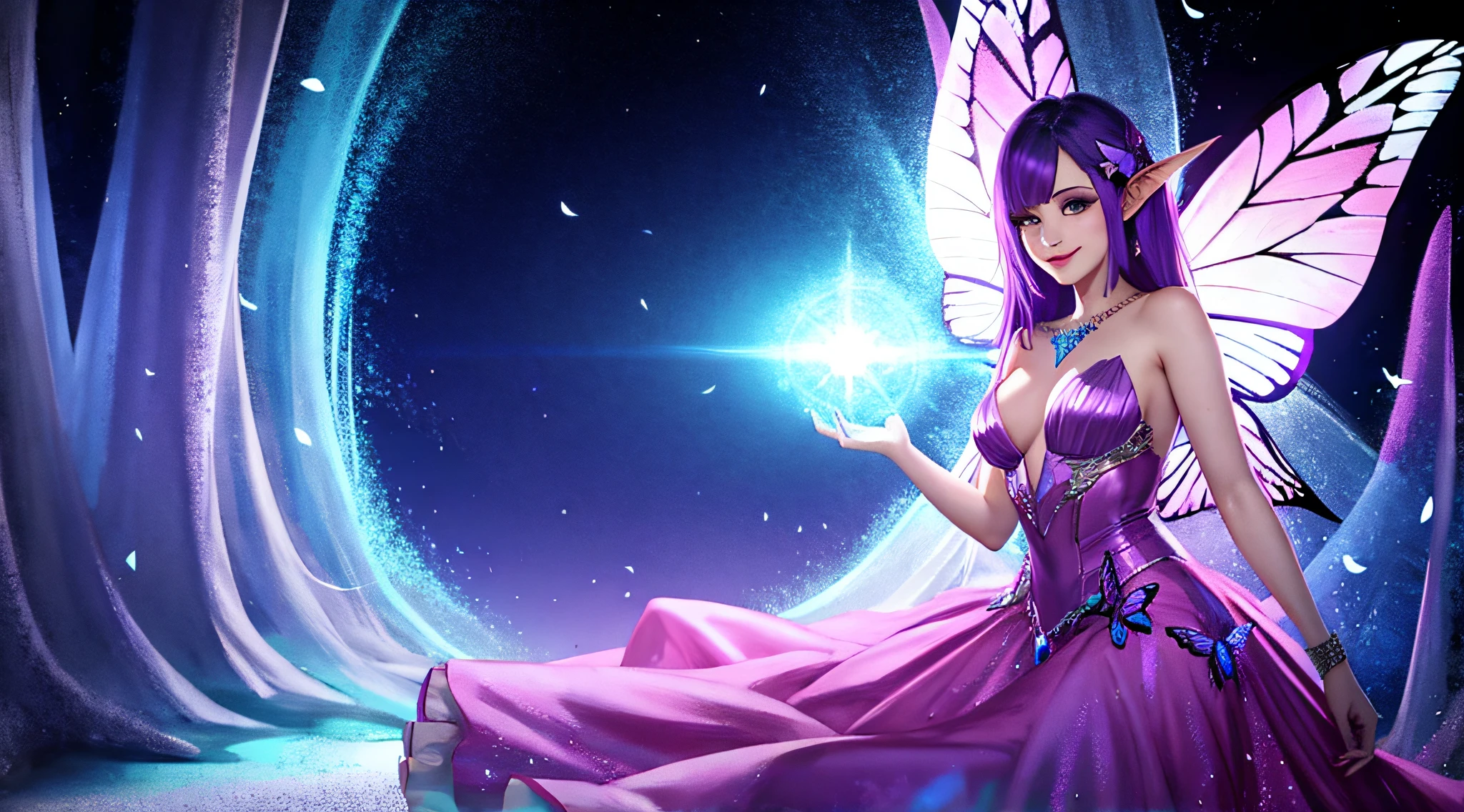 Beautiful girl smiling in a dress in a magical and unknown enchanting world with fairies and butterflies facing a magical portal, Estilo cyberpunk, Estilo Disney, alta qualidade, 4k