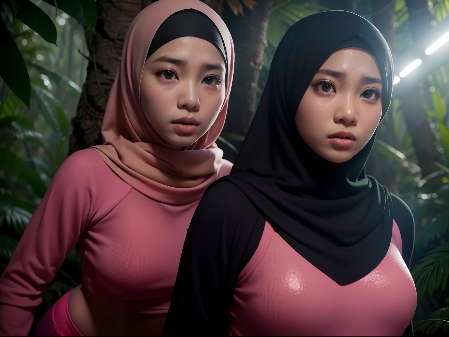 Two malay girl in hijab lost in fantasy jungle, beautiful girl, petite body, wear sweater and tight pink leggings, scared face, scared expression and body language, sweating, cinematic lighting, professional photography, ultra realistic face, bright cinematic lighting,