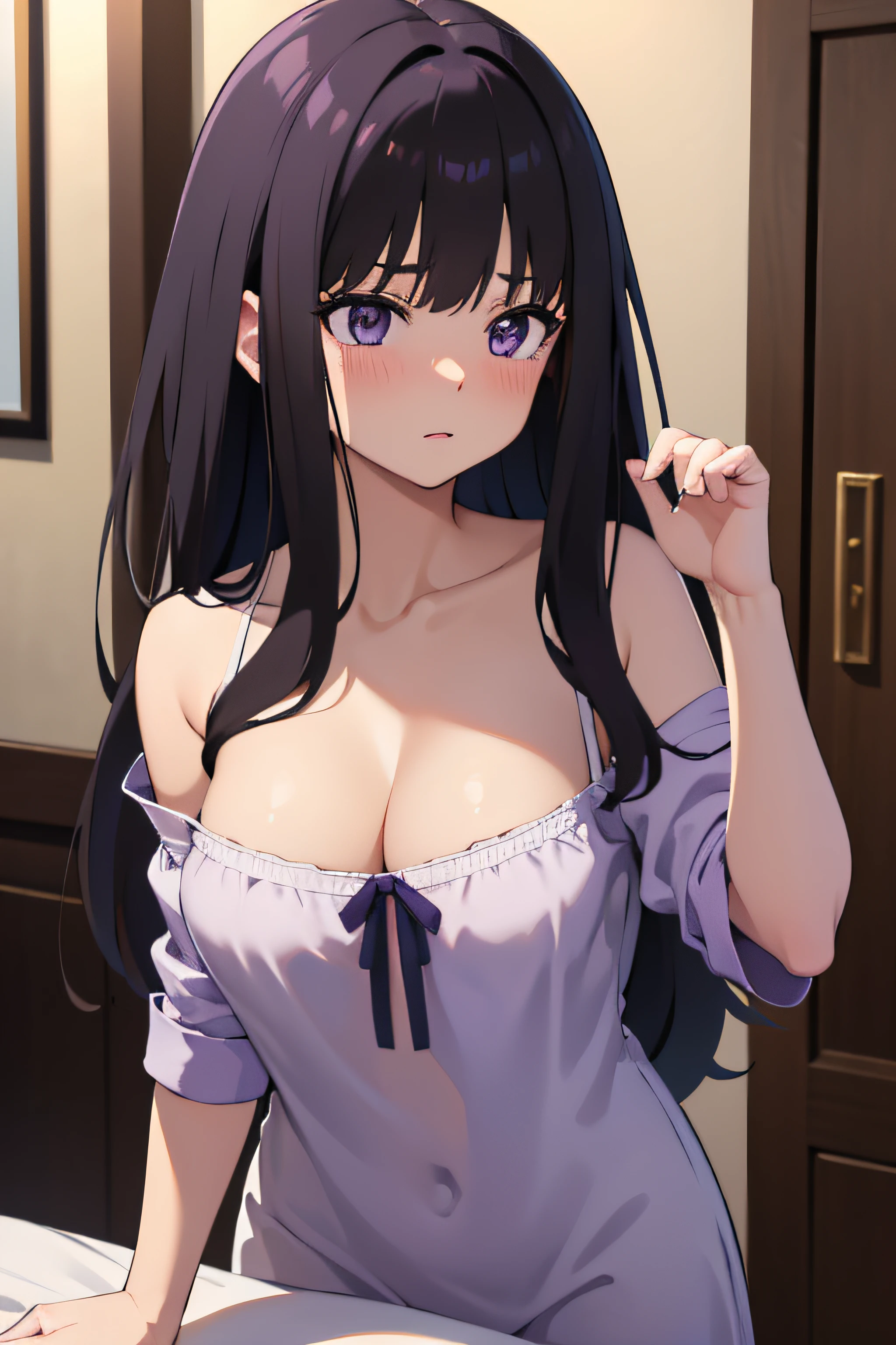 (masterpiece, best quality, highres, UHD, perfect pixel), Inoue Takina, Long hair, Bangs, Black hair, (Purple eyes:1.2), medium breasts, indoor, bedroom, dynamic pose, busty, perfect body, POV, close up, blushing, (cleavage:0.8), women nightshirt, natural light
