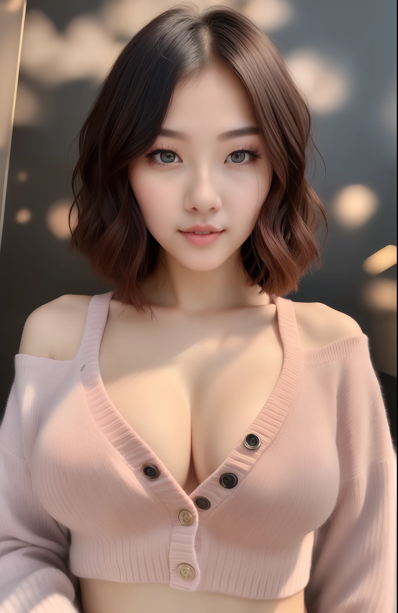 ((Best quality, 8k, Masterpiece :1.3)), 1girl, Pretty woman with slender abs :1.3, (Medium-short hair, Huge breasts :1.2), Cardigan :1.1, Ultra-detailed face, Detailed eyes, Double eyelid