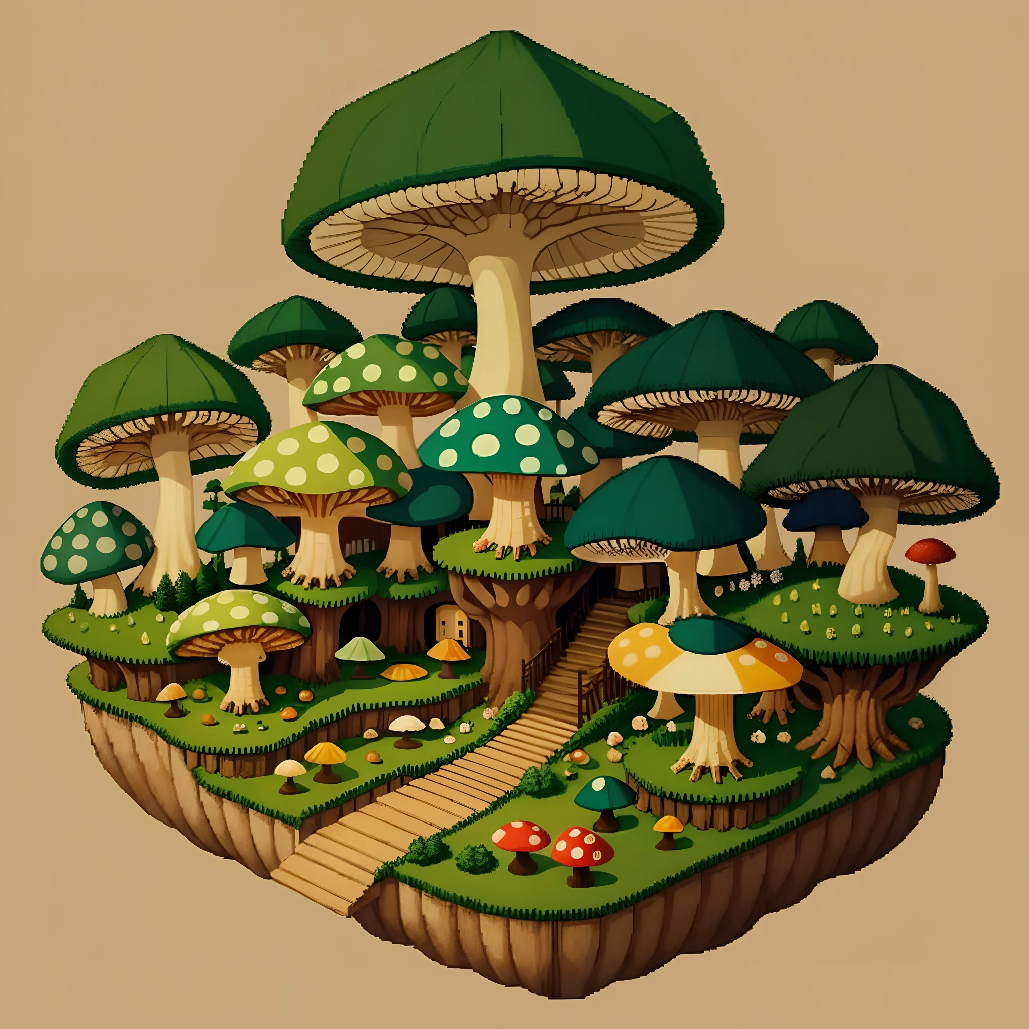 top quality, best quality, High-quality illustrations, masterpiece, Treetops sheltering in the rain under a large mushroom, pixel art, dots, Quarter View, Isometric View,