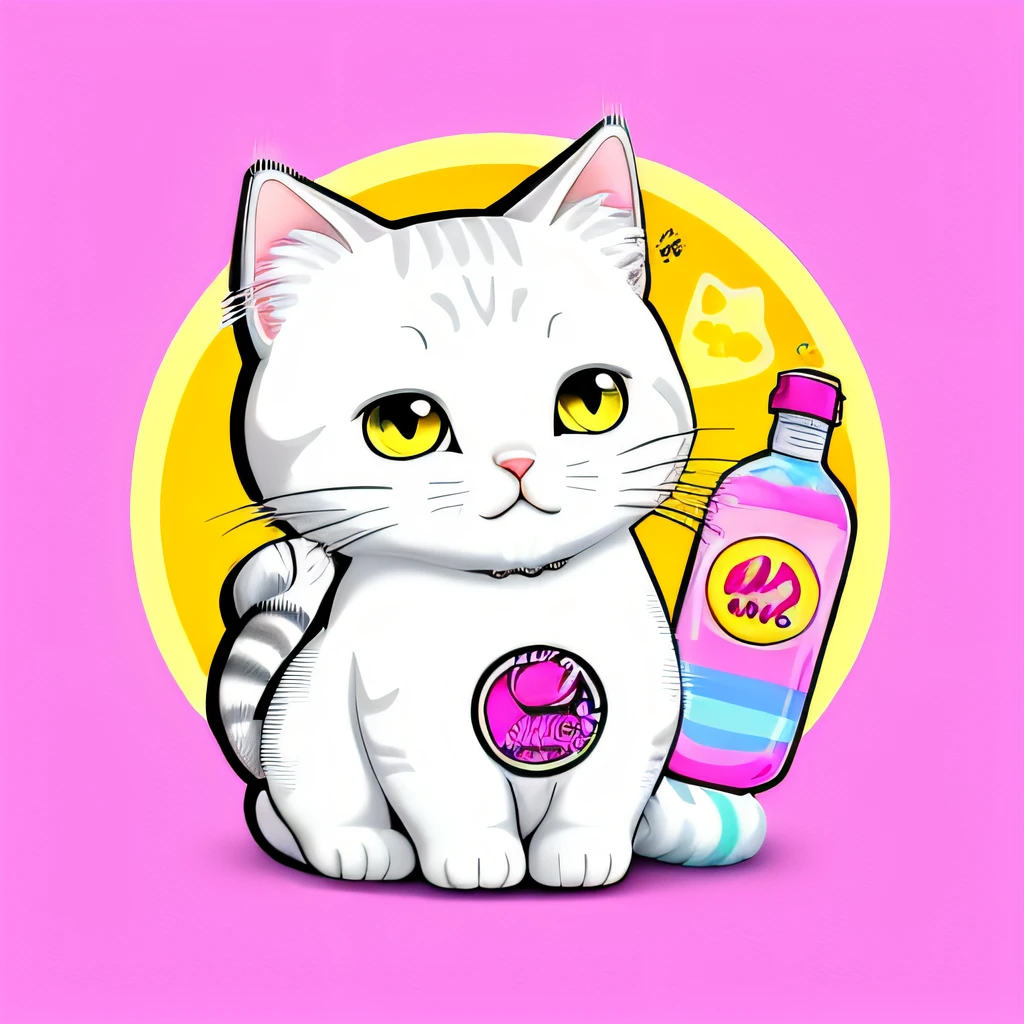 round logo. there is a yellow and white cat holding a bottle of nail polish, liquid cat, cat theme logo, cat design, , pastel electric sticker design, new vaporwave, hq whiskers, cat illustration, white striped gold cat, steam wave. black and white, jen bartel, vaporwave!, vaporwave minimalism