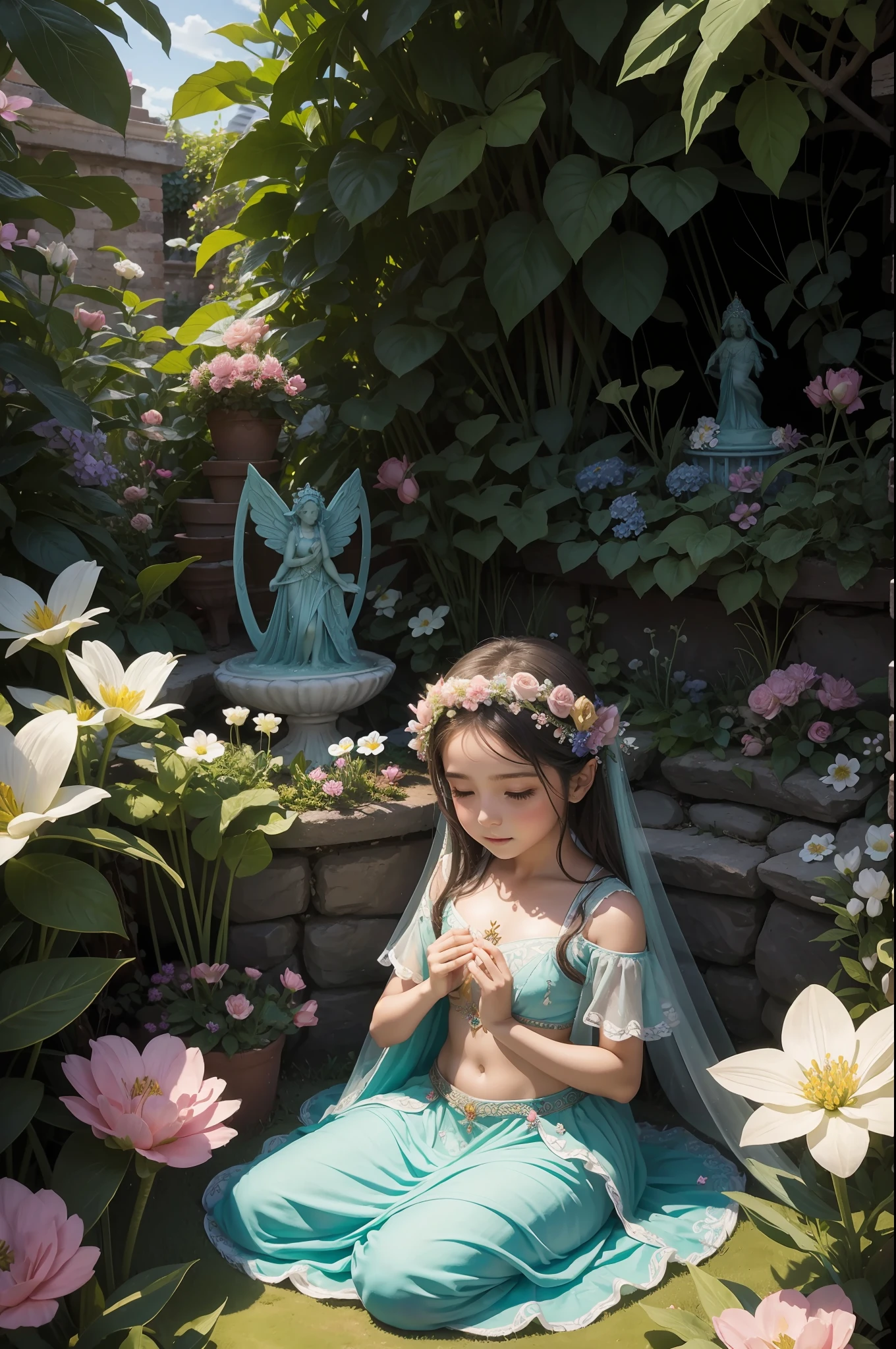 A goddess of love in her small garden, She is surrounded by beautiful flowers, Little angels and fairies accompany her. Su mirada revisa la dulzura, Se viste de forma luminosa y vaporosa. Su cuerpo es esbelto y espectacular.