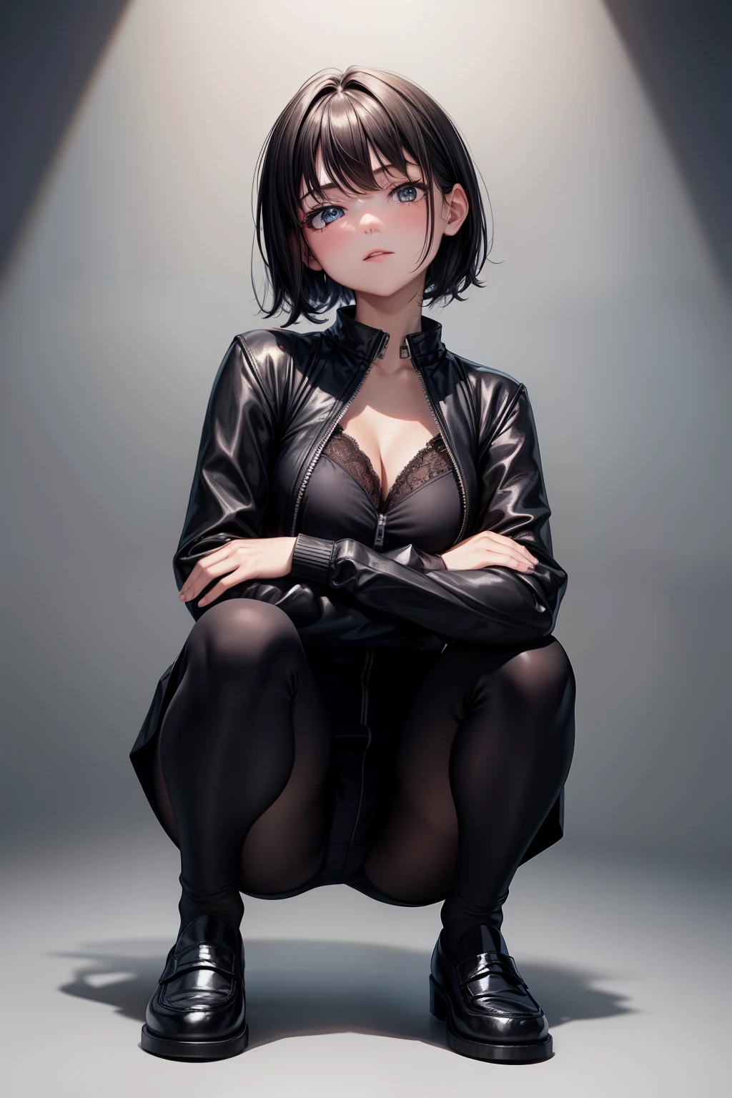 8K Ultra Clear，-yeld gilegs are open，half squatting，Black jumpsuits，Lace，with short black hair，British loafers，cleavage