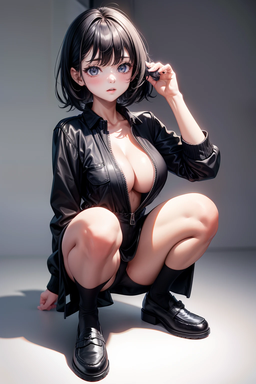 8K Ultra Clear,16-year-old girl,legs are open,half squatting,Black jumpsuits,Lace,with short black hair,British loafers,cleavage