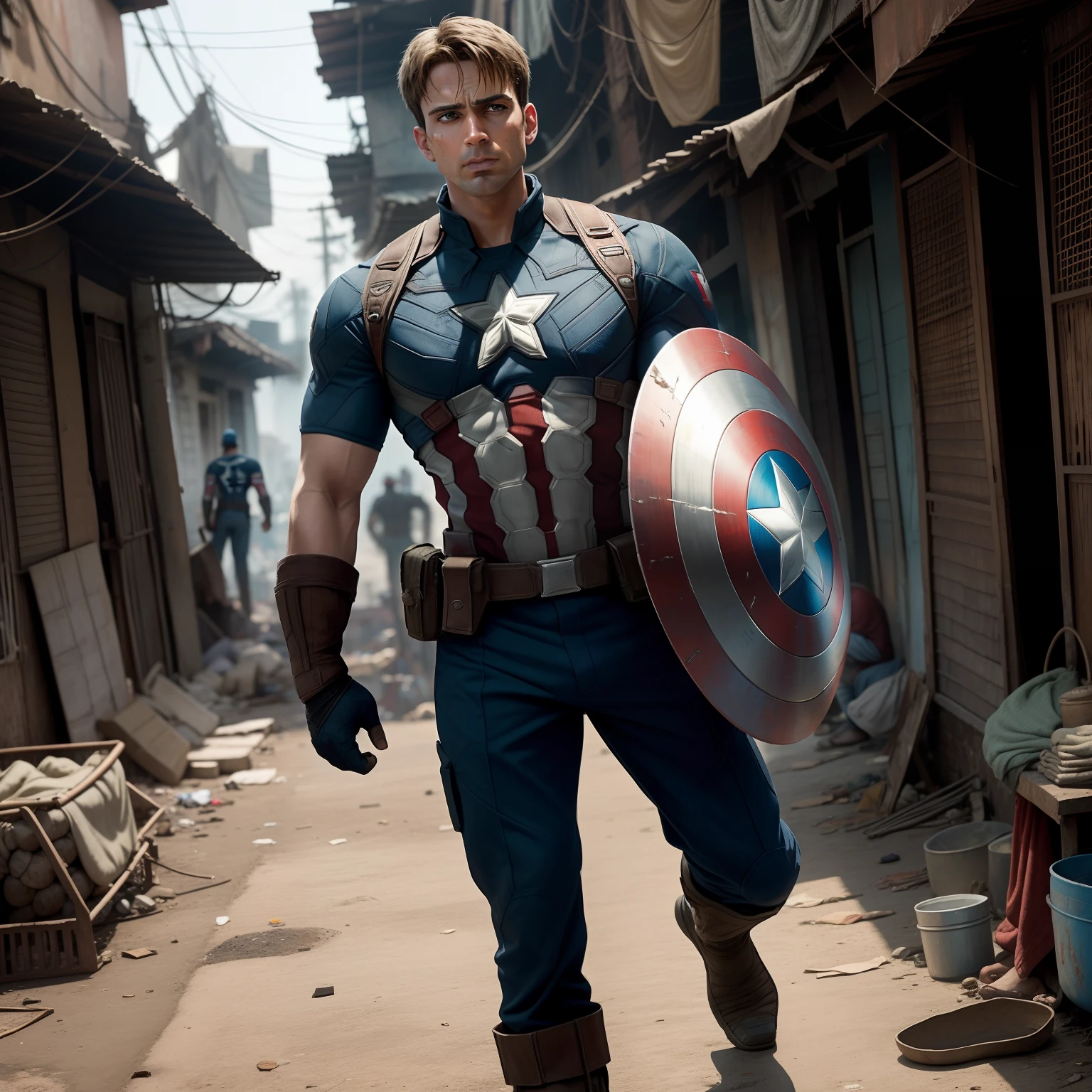 Create an image depicting Captain America in the slums of India, showcasing his unwavering heroism in the face of adversity. Depict Captain America in a determined and resolute pose, surrounded by the narrow alleyways and humble dwellings of an Indian slum. Dress Captain America in a worn and practical version of his costume that reflects the surroundings, symbolizing his connection to the local residents. Use a gritty and realistic art style to capture the ruggedness of the slums and the enduring spirit of Captain America. Incorporate elements of Indian street life and culture, such as vibrant colors, local vendors, and residents going about their daily lives. Utilize muted tones and earthy colors to evoke the atmosphere of the setting. The camera angle should highlight Captain America's unwavering stance and his interaction with the environment. Opt for a 135mm+ camera lens to capture the details of Captain America's appearance and the intricacies of the slum scene. Render the image in high resolution to convey the contrast between Captain America's heroism and the challenges of the surroundings.