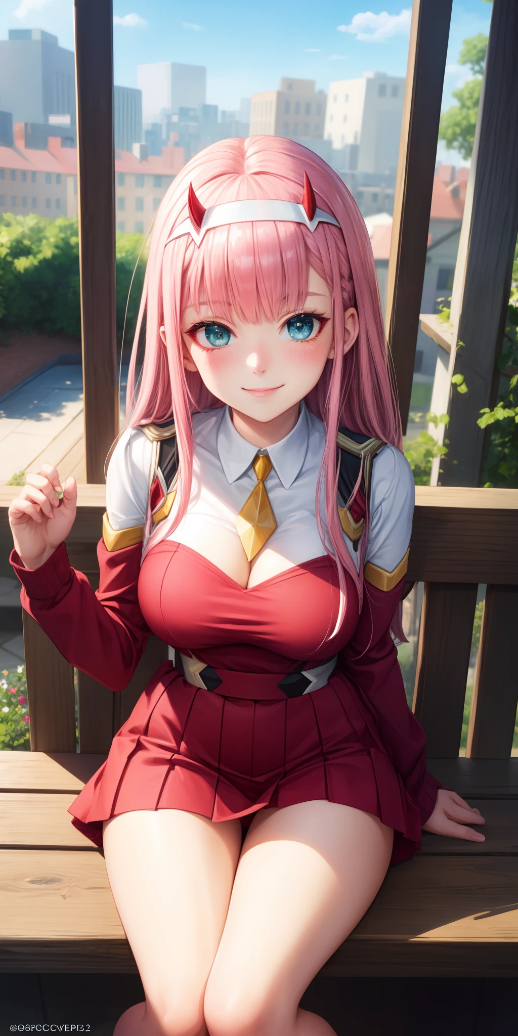 (masterpiece:1.2, best quality), (finely detailed beautiful eyes: 1.2), masterpiece*portrait, beautiful eyes, zero two, pink hair, green eyes, short skirt, thigh, big breasts,blush,Smile, sit, cross-legged, Bottom-up view, Look at the viewer, park