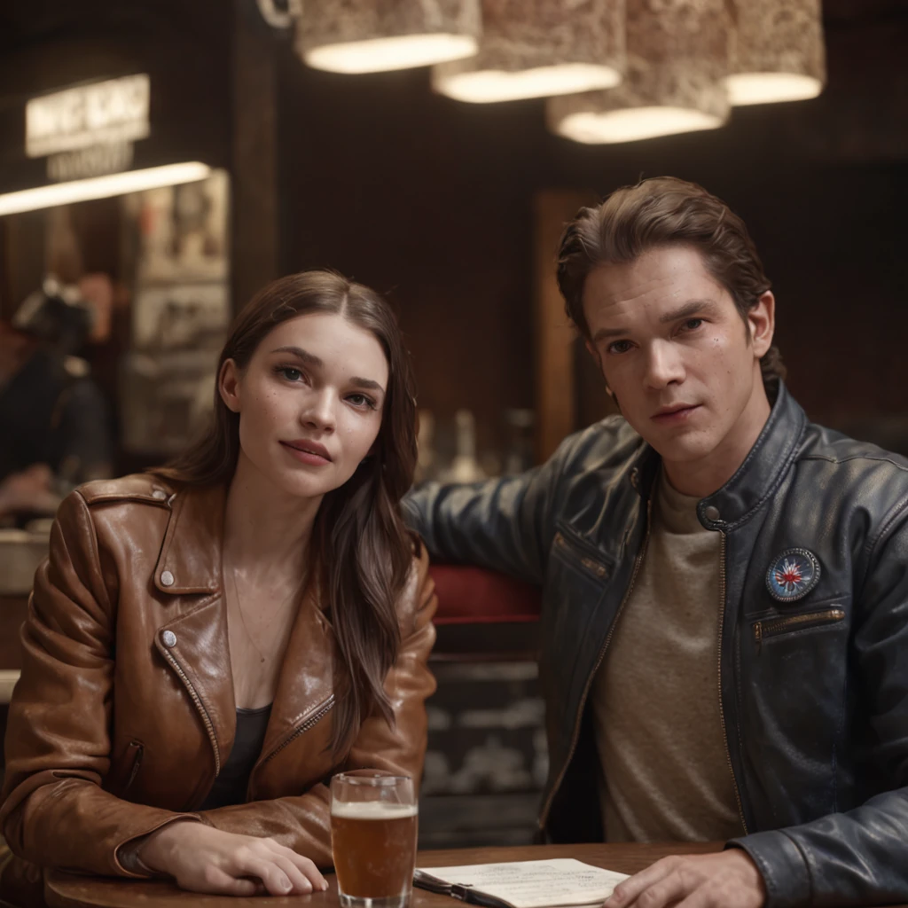 (professional 3d render:1.3) af (Realistic:1.3) most beautiful artwork photo in the world,Features soft and shiny male and female, ((two people talking and have a good time together, Fantastic pub sit at table, Majestic cluttered environment with an american flag in the background)), full body 8k unity render, action shot, skin pore, very dark lighting, heavyshading, Detailed, Detailed face, (vibrant, photograph realistic, Realistic, Dramatic, Dark, Sharp focus, 8K), (Old leather jacket:1.4), ((((Wear jacket)))), (Intricate:1.4), decadent, (Highly detailed:1.4), Digital painting, rendering by octane, art stations, concept-art, smooth, Sharp focus, illustration, Art germ, (loish:0.23), wlop ilya kuvshinov, and greg rutkowski and alphonse mucha gracias, (Global illumination, Studio light, volumettic light), heavy rain, particles floating, lotr, fantasy, elf, full bodyesbian, ((pub background with an american flag in the background:1.3)),CGSesociety,art stations