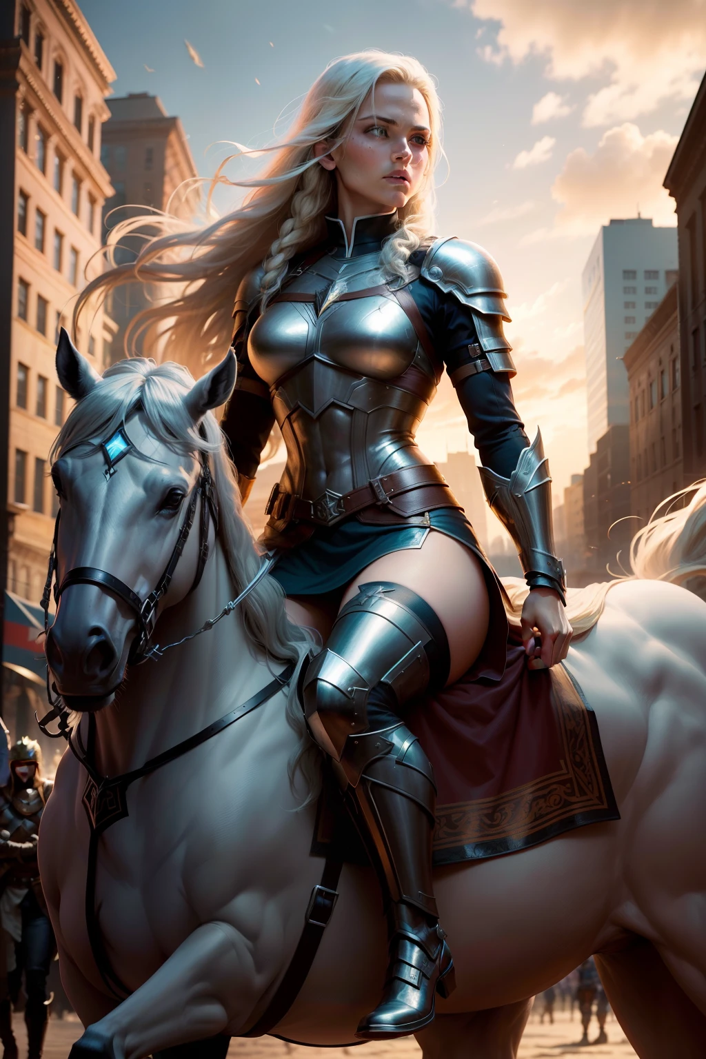 New York, Square of Time, Valkyrie, also known as Brunnhilde, is a character from Marvel Comics. She is an Asgardian warrior and a member of the Valkyries, a group of godlike warriors tasked with escorting the souls of fallen warriors to Valhalla. Valkyrie is skilled in hand-to-hand combat, wielding a sword and riding a majestic (horse) called Pegasus. She possesses superhuman strength, stamina, and longevity due to her Asgardian heritage. Additionally, Valkyrie is notable for her leadership, determination, and loyalty to her fellow Asgardians and the Avengers. Her presence brings a touch of mysticism and heroism to the mythology of the Marvel Universe. (best quality: 1.0), (Ultra Highres: 1.0), highly detailed face and eyes, (photorealistic: 1.2)