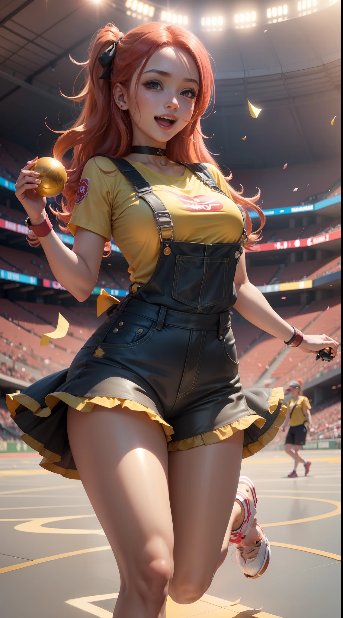 (masterpiece), (view from below), (ward winning), top trending, beautiful young trainer in a Stadium holding a golden pokeball, joyful expression, breasts, thighs, standing,red overalls, pink sky, clouds, shoes, black and yellow shirts, joyful expression, light red hair, hair ribbon, red choker, wristband, red nails, ((bloom)), falling colorful confetti, soft lighting, (shiny hair), radiant sun, (lively and cheerful environment), (hyper detailed reflections) (floor reflecting), (vivid colors),