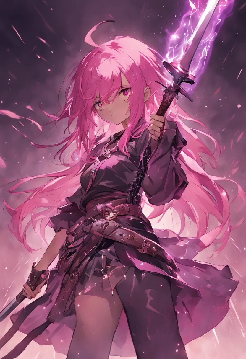 menina da pele marrom. Sua figura, peituda, Curvy, proper steering, orelhas de coelho, rabo de gato, Cor do cabelo Magenta, olhos magenta escuros, Brown skin, with sword in hand, grande pano esfarrapado como capa enrolada na cintura, armadura peitoral, manopla, camisa preta de manga comprida sob a armadura, armadura peitoral, Capuz, Espada devidamente desenhada, magic sword, pano enrolado na cintura, Sword properly drawn in hand, orelhas de coelho, Pintura digital da cauda do gato, digital illustation, Detalhe extremo, arte digital, armadura do cavaleiro, Baggy Puffy Pants, metal boots, totalmente blindado. pano enrolado na cintura. Hold a sword with both hands.