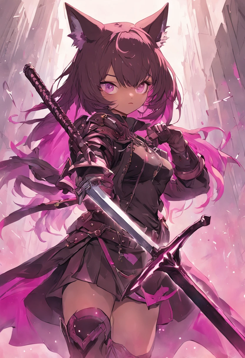 da pele marrom. Sua figura, peituda, Curvy, proper steering, orelhas de coelho, rabo de gato, Cor do cabelo Magenta, olhos magenta escuros, Brown skin, with sword in hand, grande pano esfarrapado como capa enrolada na cintura, armadura peitoral, manopla, camisa preta de manga comprida sob a armadura, armadura peitoral, Capuz, Espada devidamente desenhada, magic sword, pano enrolado na cintura, Sword properly drawn in hand, orelhas de coelho, Pintura digital da cauda do gato, digital illustation, Detalhe extremo, arte digital, armadura do cavaleiro, Baggy Puffy Pants, metal boots, totalmente blindado. pano enrolado na cintura. segurar uma espada. baggy pants.