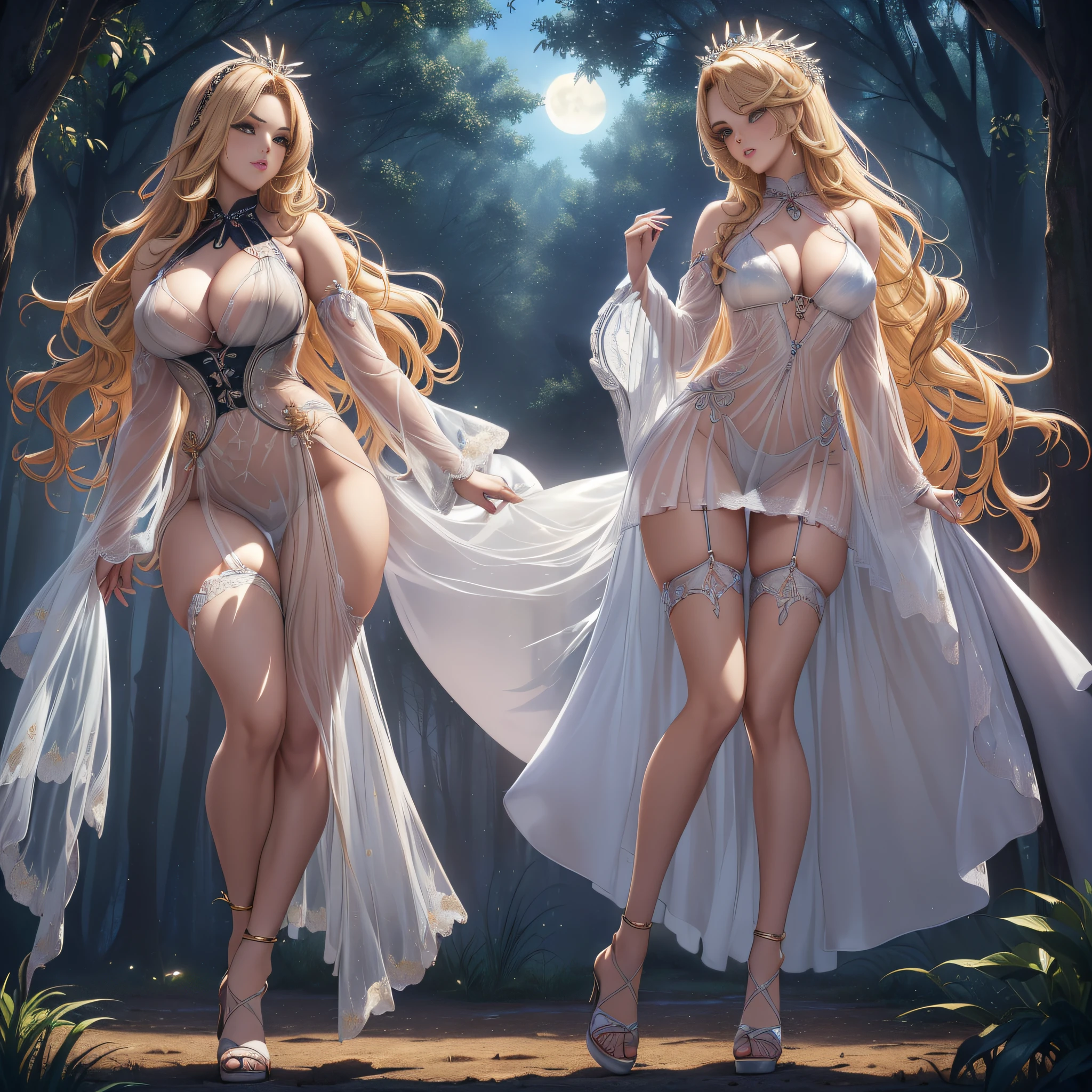 low angles、((masutepiece,top-quality,8K,))),(((Blonde gal in sexy pose)))),(((Perfect blonde hair,length hair、Wavy Hair)))、((Gorgeous beauty))、(((Look at me with a sexually aroused face), ((Photorealistic perfect body))、Glamour、a beauty、((makeups、lipsticks、eye liner、mascara、eyeshadows:1.1))、Dark skin、(shinny skin)、「Gal schoolgirls depict bewitching costumes in revealing see-through costumes。It's just a fictional world.、I hope you enjoy。
Bewitching see-through costume:
In the darkness of the dim night、Women dressed in mysterious bewitching charm appear。They are dressed in revealing see-through costumes.、It is a beautiful being that emits enchanting magical powers.。
Tops are、Bra top made of transparent see-through material。Delicate straps expose shoulders、The chest is studded with flowery embroidery and beads.。Light material touches the skin、Creates a fairy-like atmosphere。
Bottoms are、Ultra miniskirt with high waist。See-through lace spreads from waist to thigh、Highlights sexiness。The hem of the skirt has a fringe,、Sways gracefully every time you move。
At the foot、I'm wearing transparent high-heeled sandals。The thin straps of the sandals wrap beautifully around the feet、Creates a light gait。Gold anklets shine at the ankles、Gives magical charm。
For hair、Wearing a headband with floral and leaf decorations。Its gorgeous design complements hair、It creates a figure that looks like a forest spirit.。
They dance in the moonlight、See-through costumes sway in the wind for a mesmerizing look。Its bewitching beauty and magical charm、It will give a mysterious glow to the darkness of the night。」,Fantasy