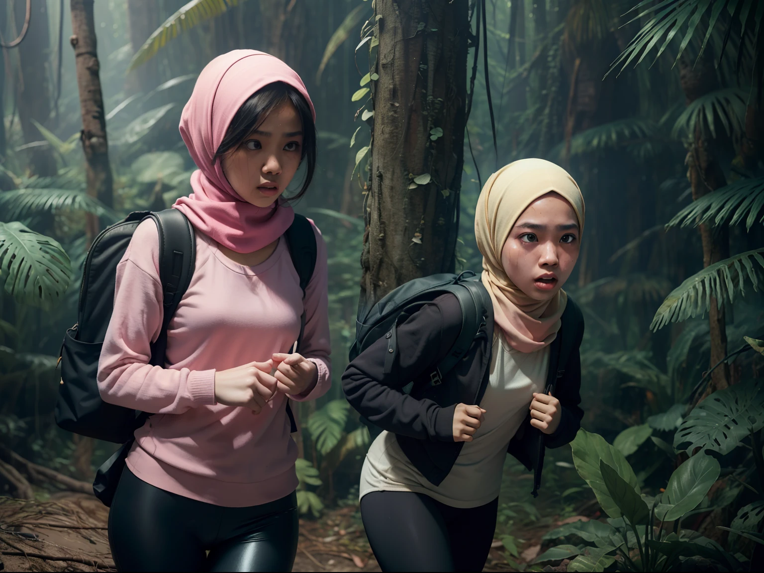 Two malay girl in hijab lost in fantasy jungle, beautiful face, petite body, carry backpack, torn outfit, wear sweater and tight pink leggings, scared face, scared expression and body language, sweating, cinematic lighting, professional photography, ultra realistic face, bright cinematic lighting,