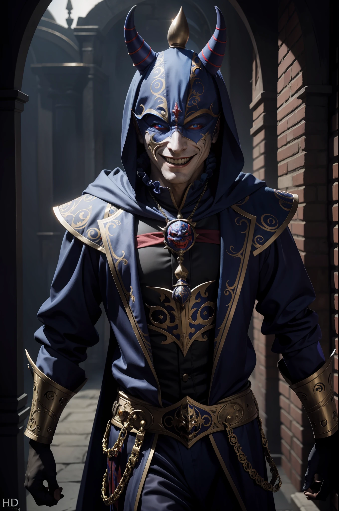 "Male jester wearing an ominous mask with an evil smile, captivating eyes, and intricate attire. High-quality, high-resolution, FHD, 4K."