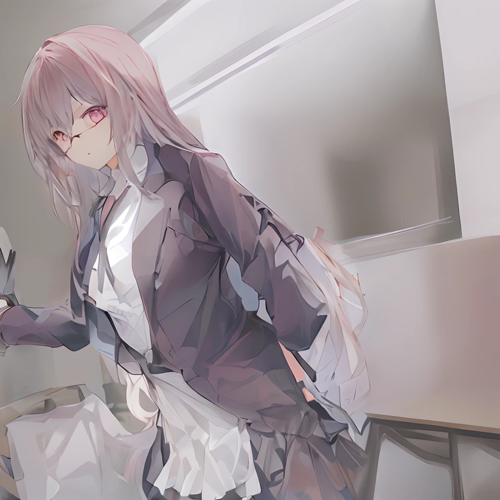 Do not draw the outline in black　Pale watercolor　Fume　Lack of eye power　being thin　slim figure　Tall　Pink longhair　Twin-tailed　eye glass