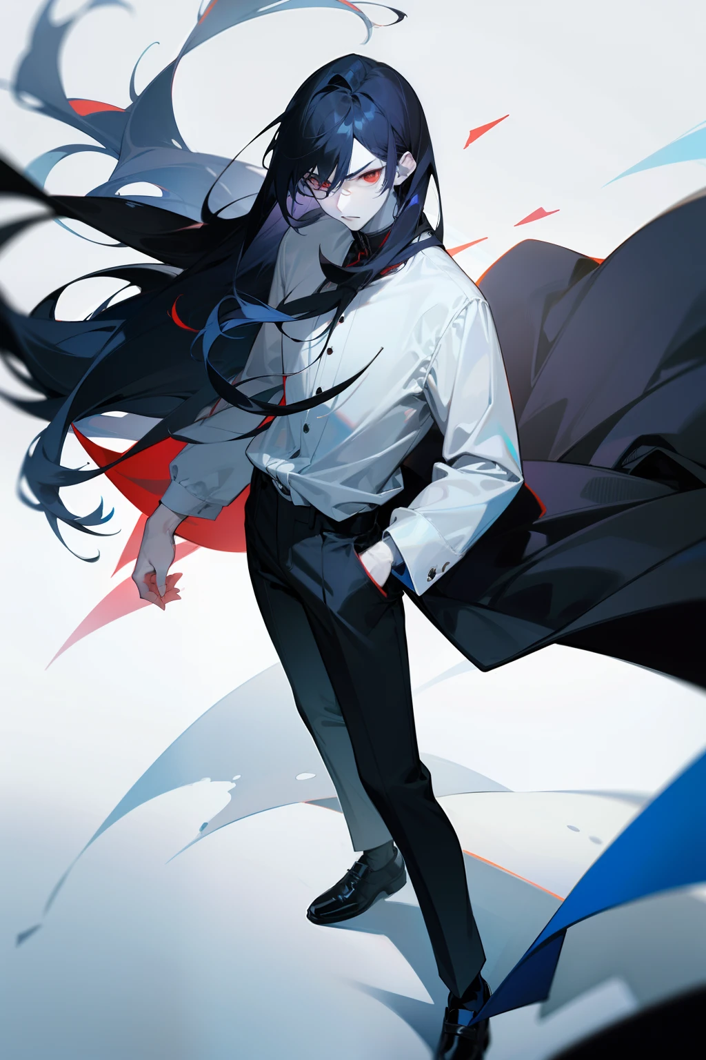 1 young man, long dark blue hair, red eyes, white skin, long-sleeved shirt, black pants, short white socks, black school shoes, black coat, serious, has a book in his right hand