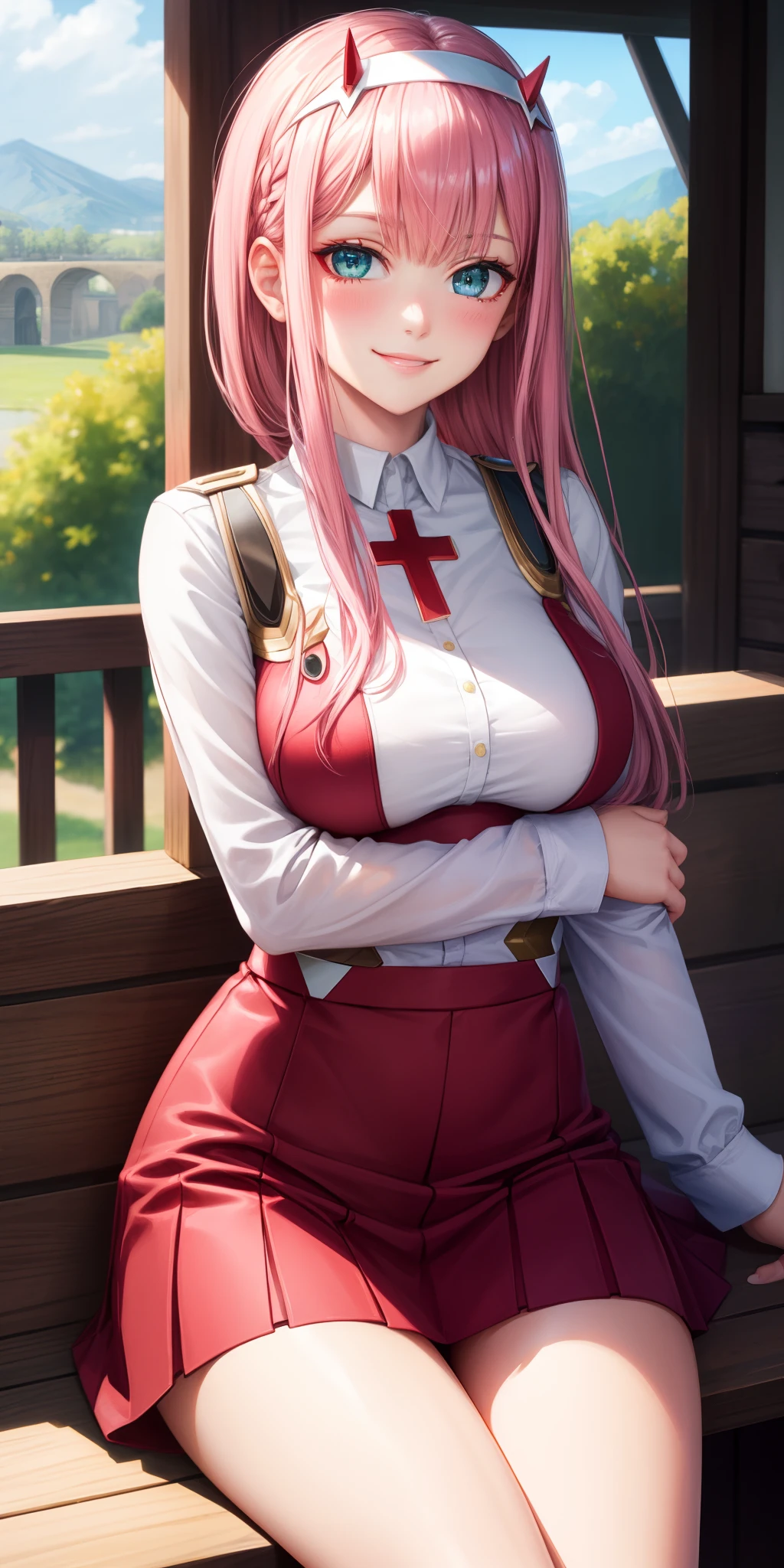 (masterpiece:1.2, best quality), (finely detailed beautiful eyes: 1.2), masterpiece*portrait, beautiful eyes, zero two, pink hair, green eyes, short skirt, thigh, big breasts,blush,Smile, sit, cross-legged, Bottom-up view, Look at the viewer, park