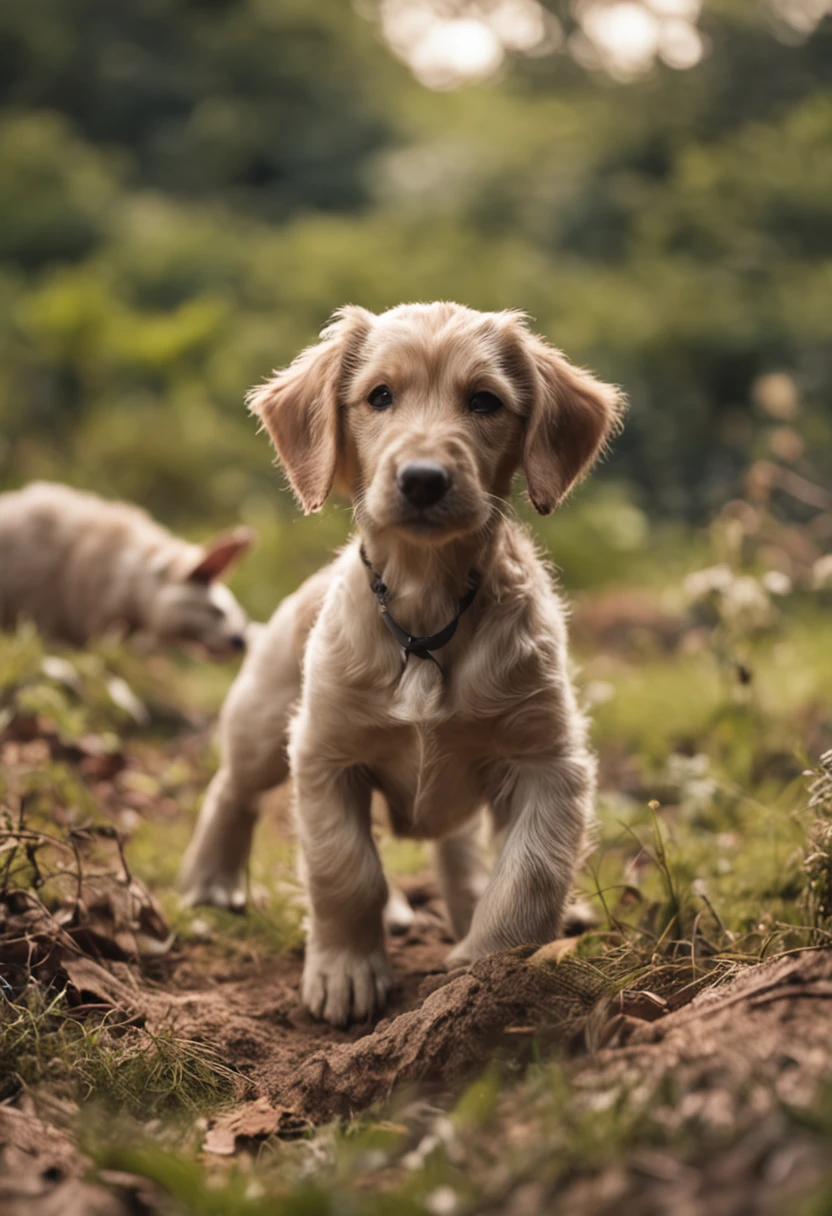 uma fotografia com uma lente de 50mm de um livro para colorir com animais fofos, lembrando o estilo de Annie Leibovitz. Natural setting with puppies playing, tons neutros e naturais, captivating expressions -- neutral color temperature, soft natural lighting and genuine atmosphere.