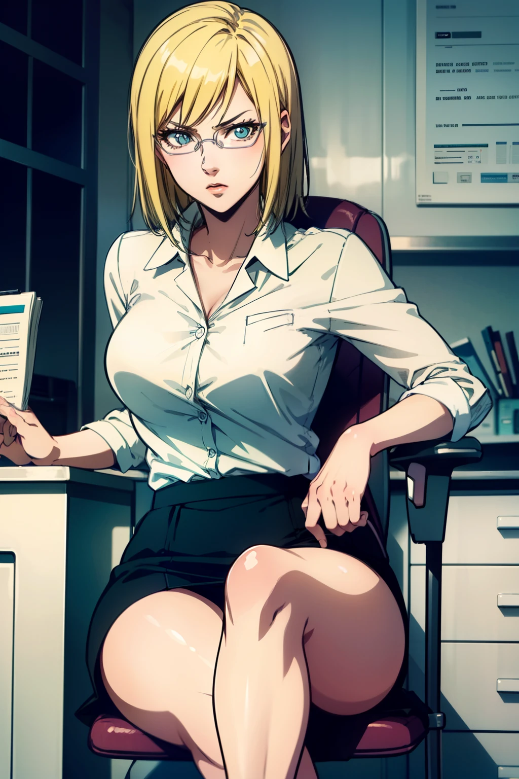 (masterpiece, best quality, ultra-detailed), 1girl, MichelleKD, blonde hair, white glasses, looking at viewer, room, white shirt, black skirt, sitting in a chair, office