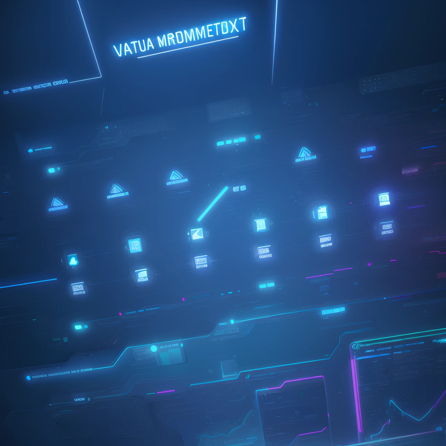 There is a computer keyboard with a bright screen on it, cyber background, holographic interface, Hologramas de dados, neon volumetric lights, cinematic neon uplighting, componentes interiores azuis brilhantes, tela de carregamento", Directed by: Matija Jama, Redes virtuais Neon, cinematic neon matte painting, fundo fosco. Motor irreal, Vray Neon Brilhante, stern blue neon atmosphere