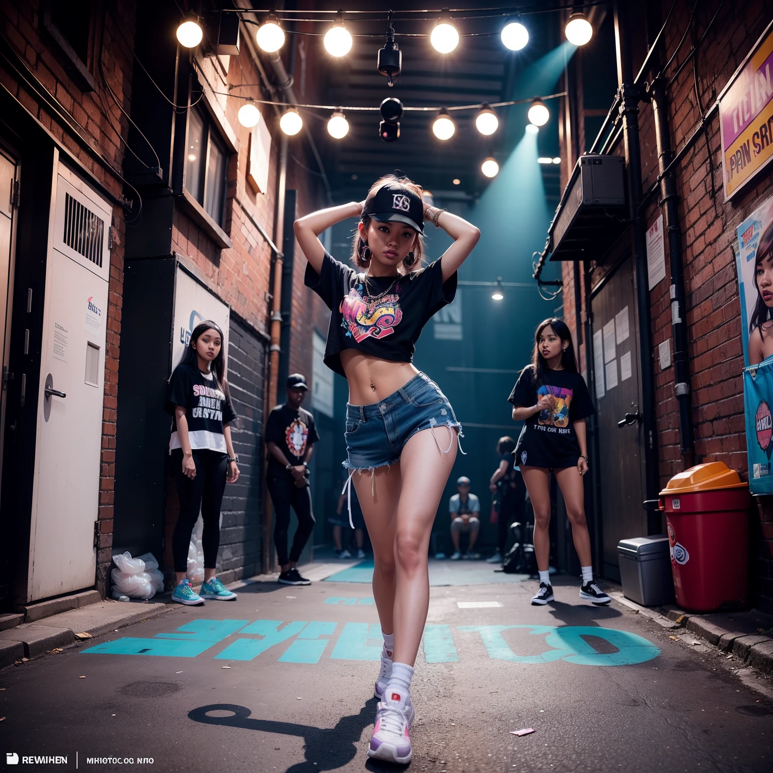 One malay Girl On Stage、((holding the mic))、(Super Detail)、(8K)、((Hip Hop Fashion))、(full body )、(Fashion of the 90s)、(Brilliant limbs)、(Delicately drawn figures)、(colorful lighting)、(Women's Fashion)、(Colorful and pop design)、(Around the back alley)、(Iconic art and posters of the 90s)、Female facial expressions、(the pose)、(Spirit of the times)