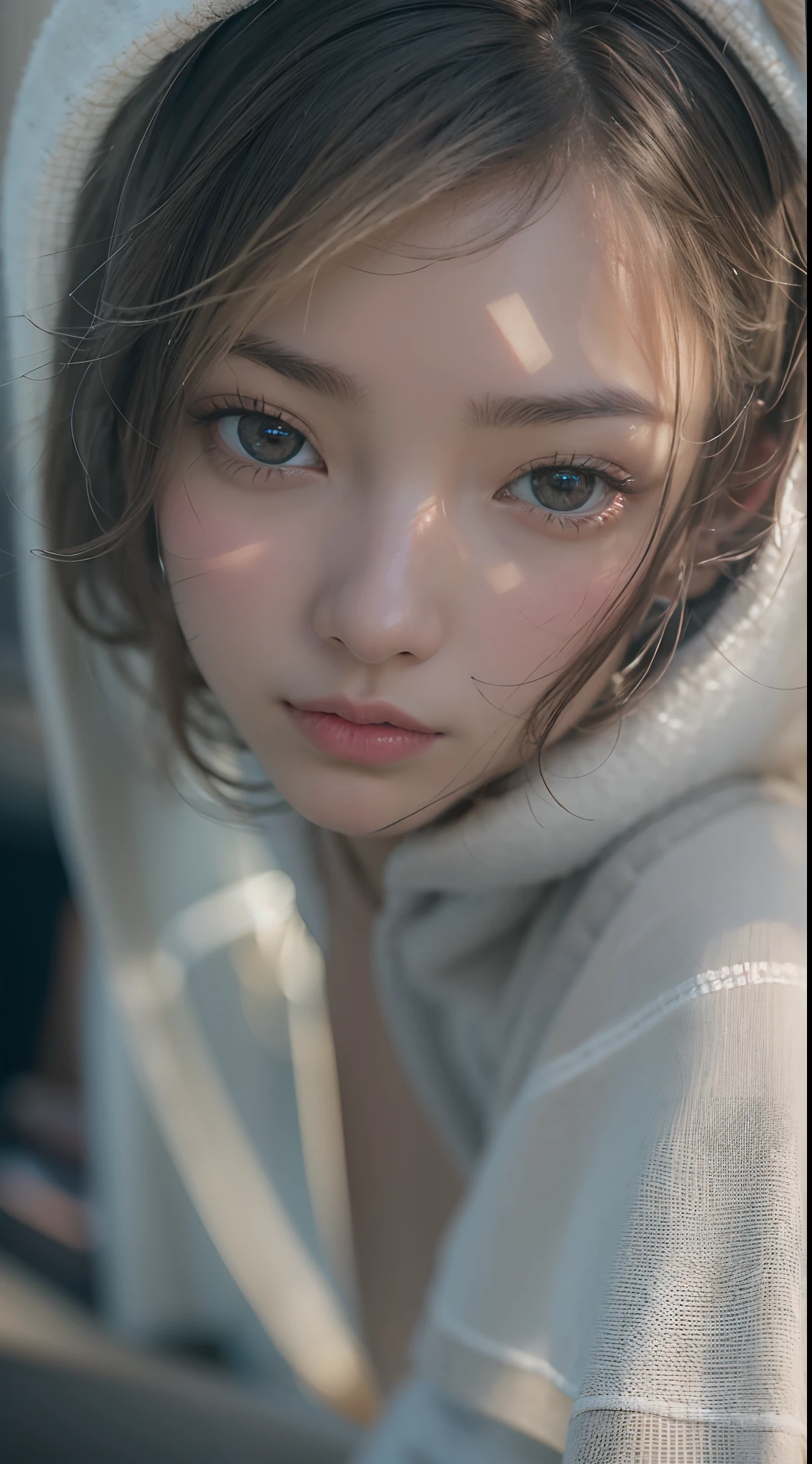 8k, best quality, masterpiece, realistic, ultra detail, photo realistic, hyper realistic, smoother lighting, increase cinematic lighting quality, realistic lighting, backlighting, brightening light, Increase quality, best quality real texture skin,
close-up, slender, cute face, smile, beautiful details eyes, 19years old korean, pretty, Drill hair with electric blue color, hood,
