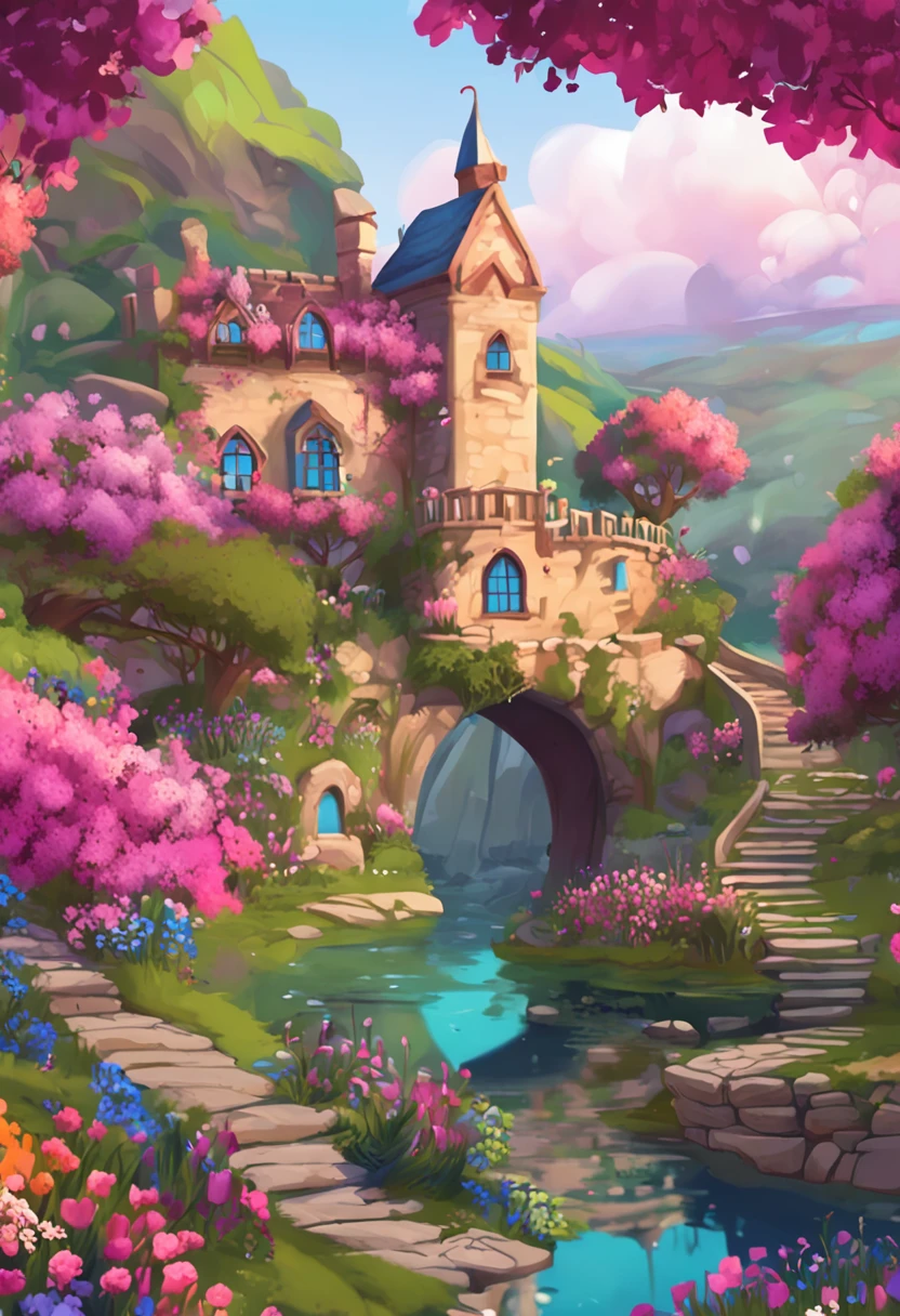 Desenhe um jardim com muitas flores no meio, um castelo rosa em 2D, a beautiful artwork illustration, whimsical fantasy landscape art, arte de paisagem, pintura suave detalhada, bela arte digital, bubbly scenery, scenery art detailed, detailed scenery—width 672, ambiente floral, pintura digital bonita, dream scenery art, a bustling magical town, magical village